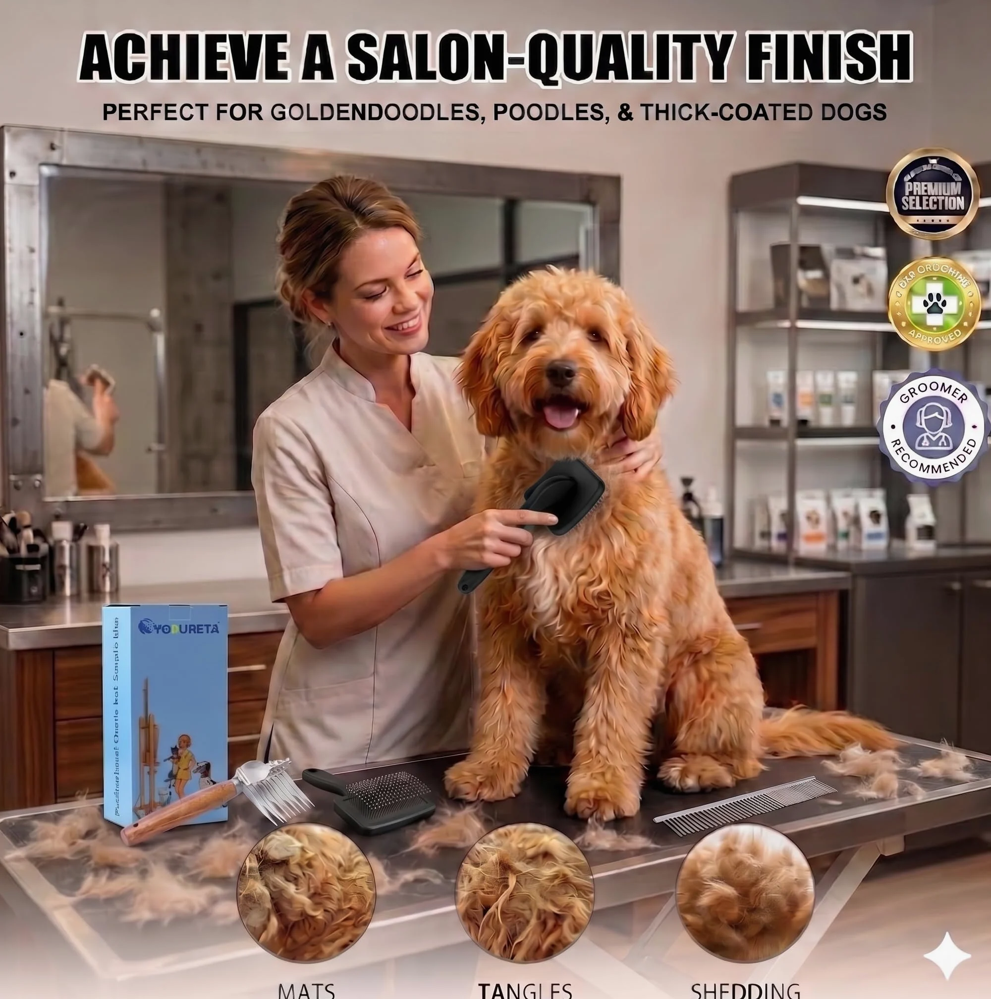 Cepillo grande para perros – Cepillo de pelo largo para alfombras y desprendimiento de pelo largo, garabatos, caniches, Goldendoodle, Labradoodle, 3 piezas de aseo con mango de madera, negro