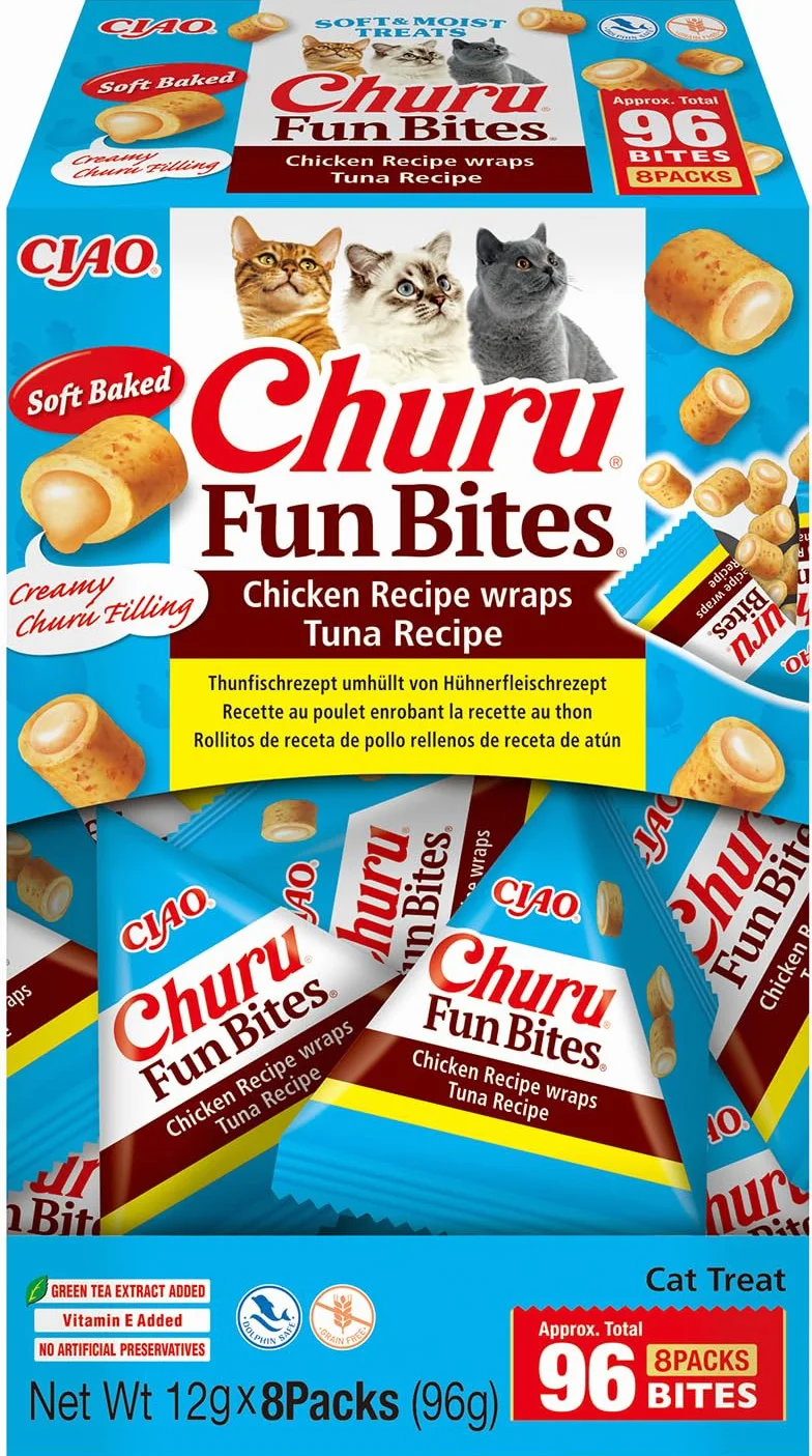 INABA Churu Fun Bites Snack para Gatos, bocados de Pollo con corazón de atún – 8 Paquetes de 12 g – Suave y cremoso – Comida para Gatos sin conservantes ni colorantes Artificiales, sin Granos