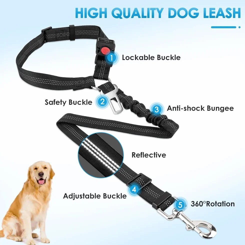 SlowTon Cinturón de seguridad para perro, 2 unidades, arnés de seguridad ajustable con amortiguador elástico elástico, correa de coche 2 en 1 para mascotas, reposacabezas reflectante (negro