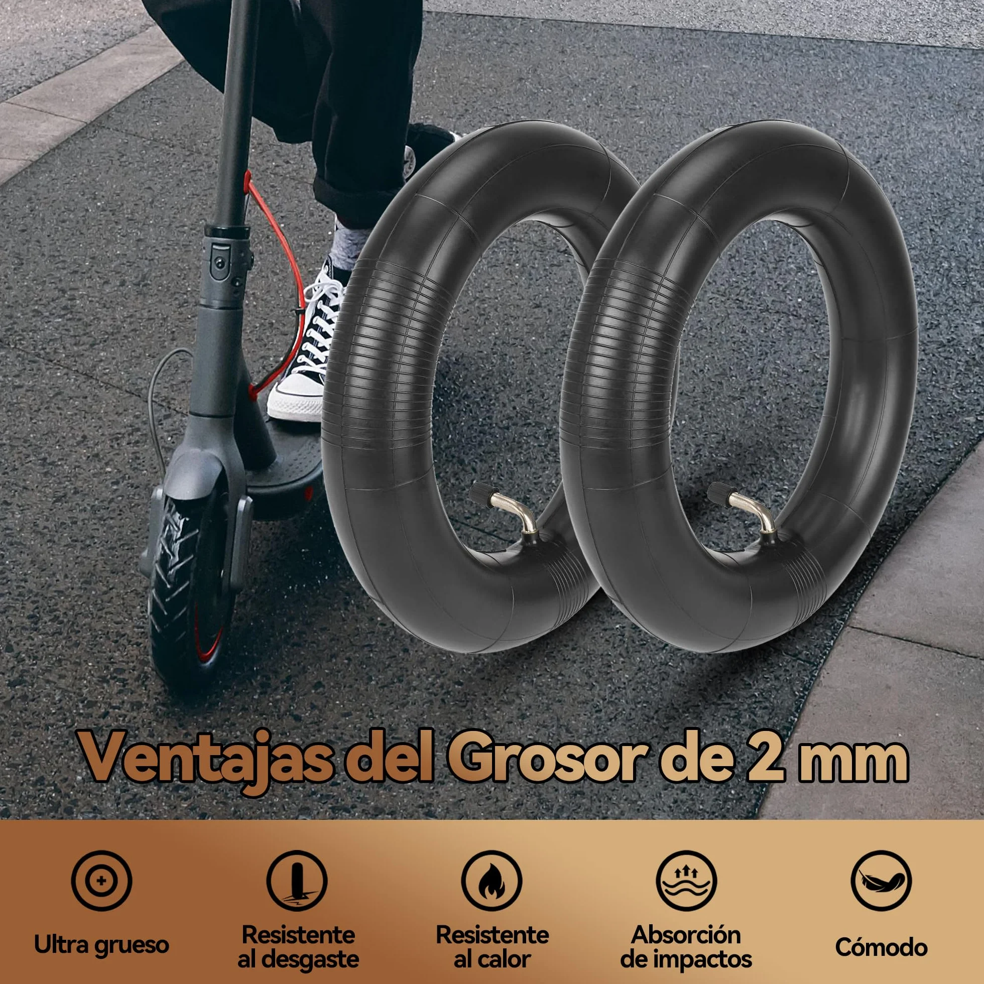 Cámara de Aire Patinete Eléctrico 10 Pulgadas 10x2,50 2MM Engrosada 90° Válvula de Curvatura 60/70-6,5 Neumático Ninebot MAX G30 G30P G30LP