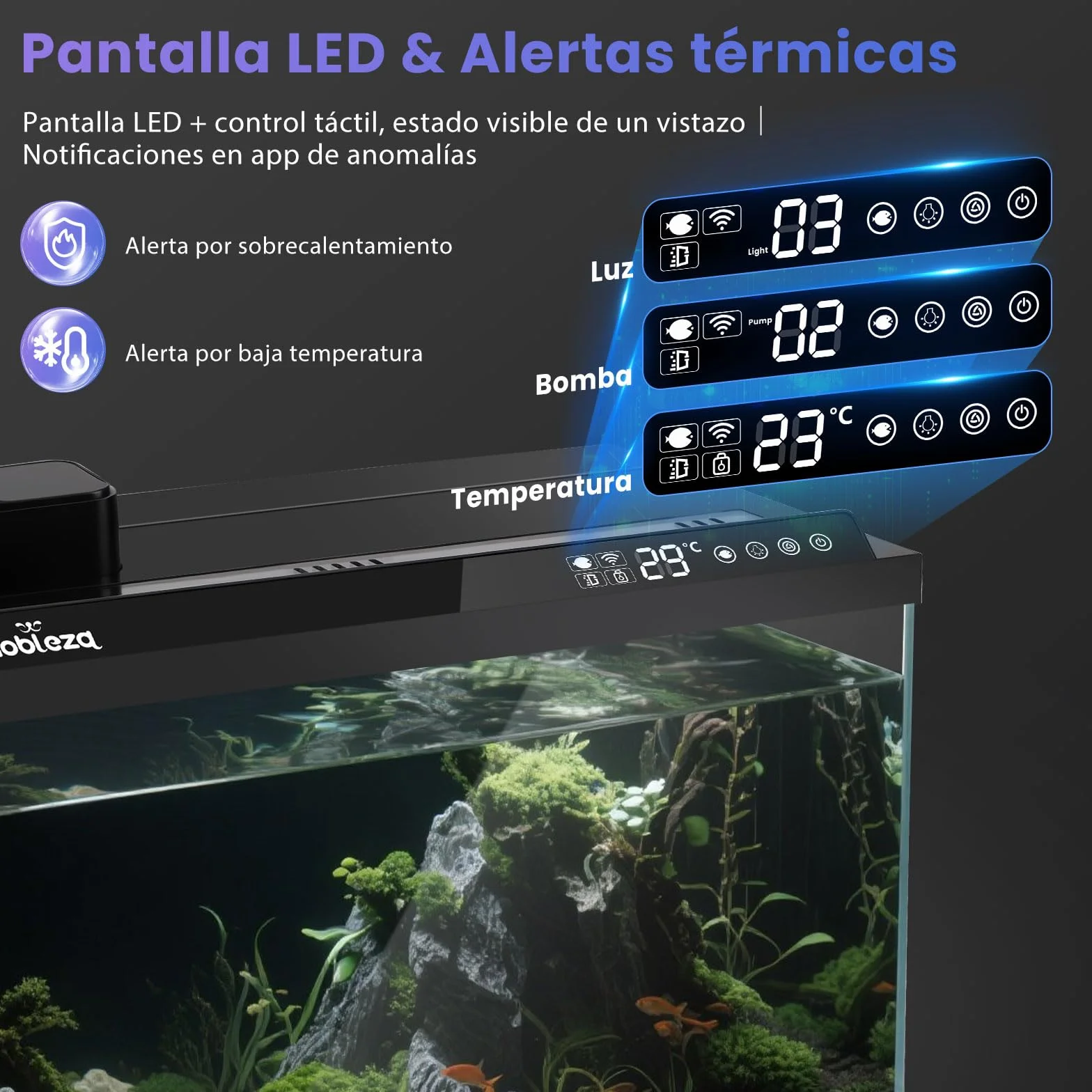 Nobleza Acuario Inteligente 30L - Control por App - Pecera Inteligente con Triple Filtración, Alimentación Remota, Drenaje Automático en 1 Toque - Color Negro