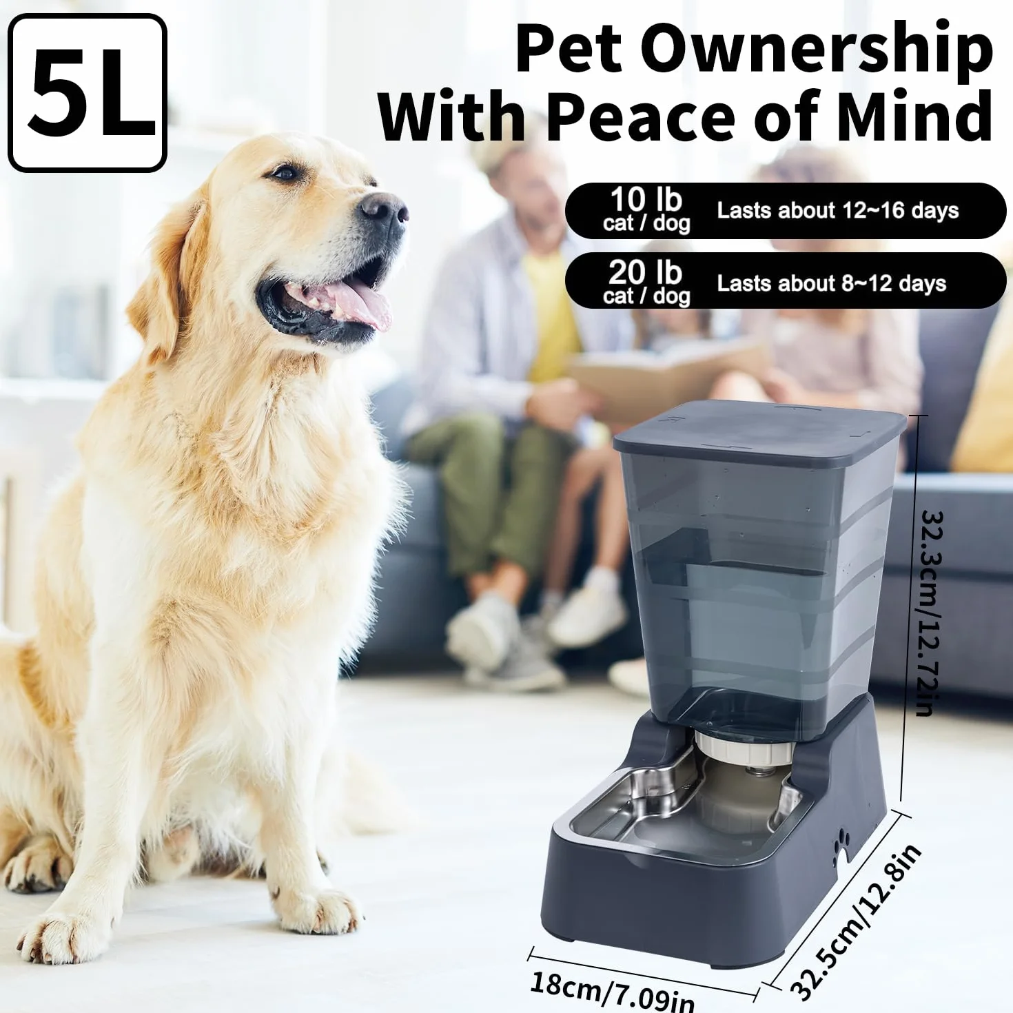 Dispensador automático de comida para perros y agua para perros, 5 L, dispensador de comida para gatos y gatos para perros medianos y grandes, gatos y otros animales (juego de 5 L, gris oscuro)