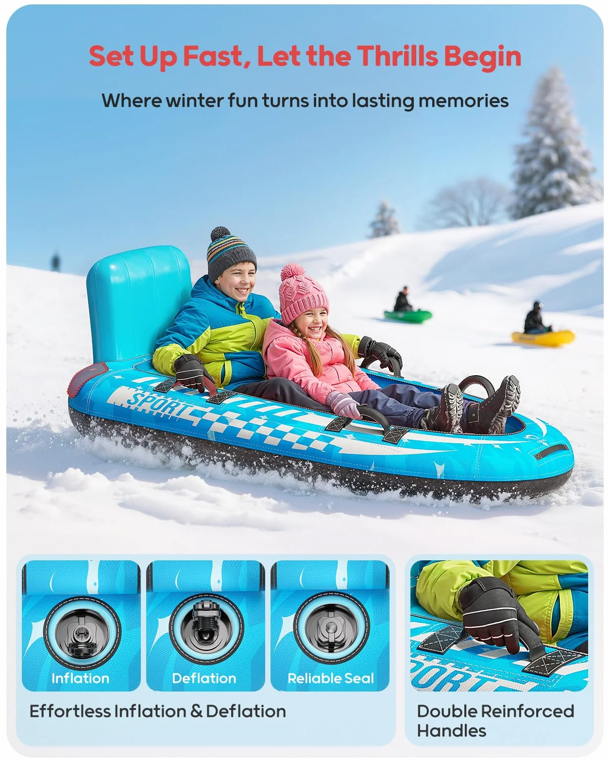 QPAU Trineo de nieve inflable para 2 personas con cubierta de lona, respaldo y asas reforzadas