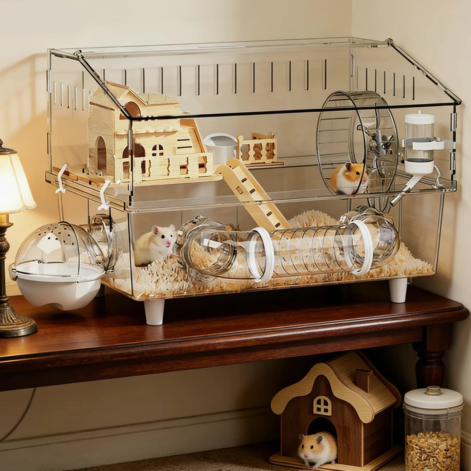 Jaula para Hámster Casa Transparente de 2 Niveles para Chinchilla | Jaula con Bebedero y Arenero Observación de Mascotas en Casa, Interior y Exterior