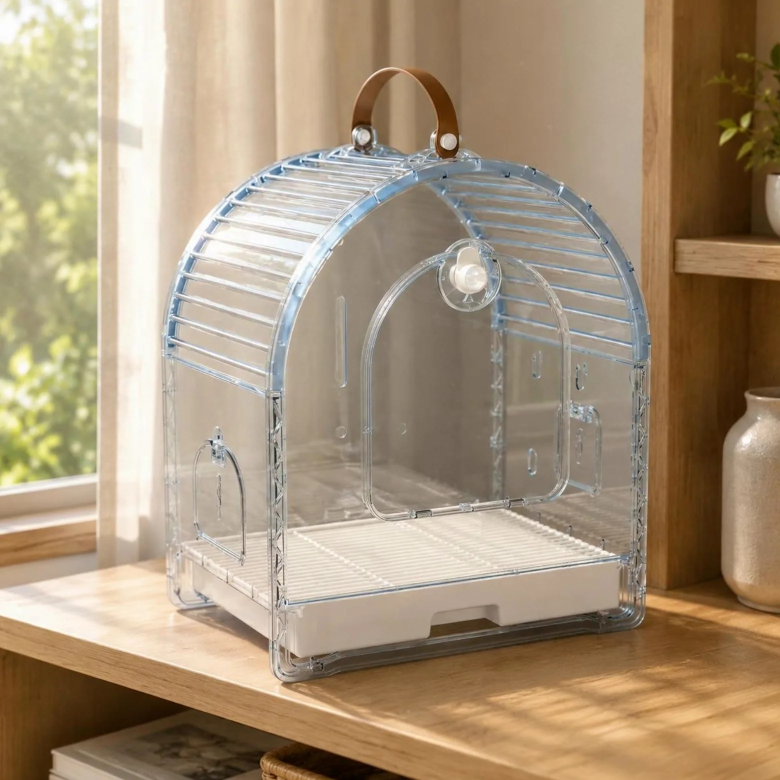 Jaula de Viaje Transparente Gran Espacio Jaula con Asa Ligero Transportador de Aves Transpirable para Salidas, Azul Claro, Mediano