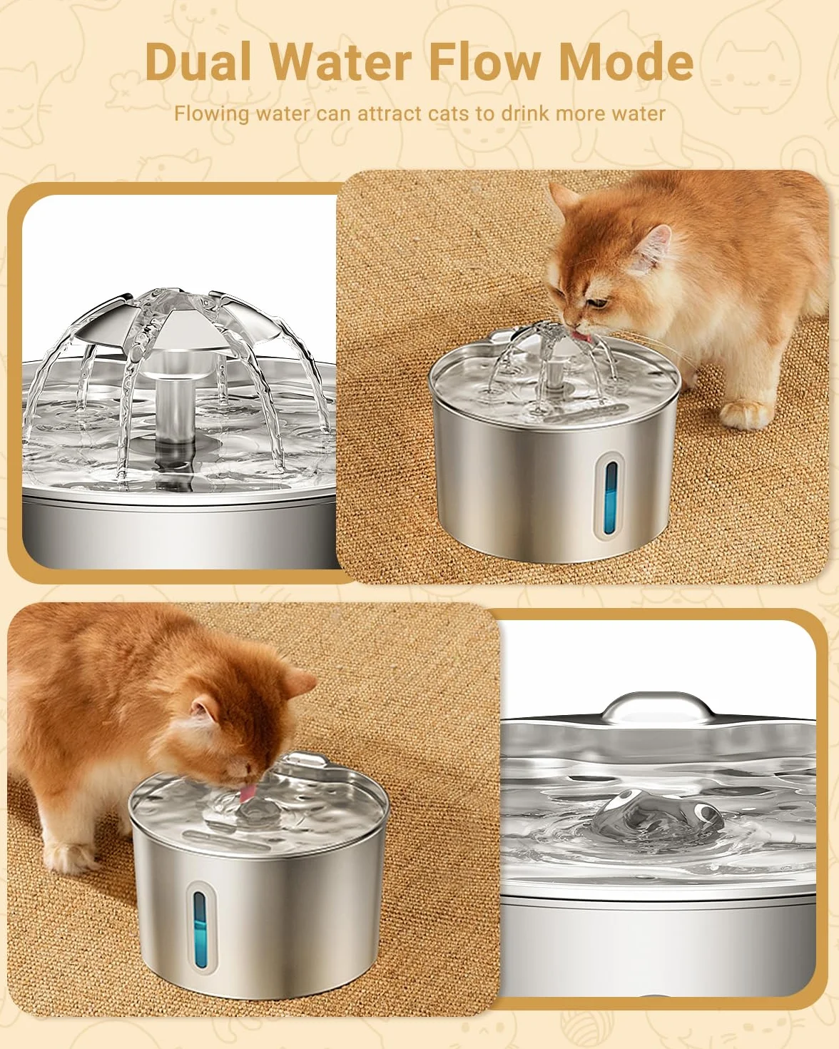 Fuente para Gatos Acero Inoxidable, 2,2L Bebedero Gatos con Cable Filtración Cuádruple, Ultra Silencioso, Fácil de Limpiar, con LED 3 Filtros y 3 Esponjas