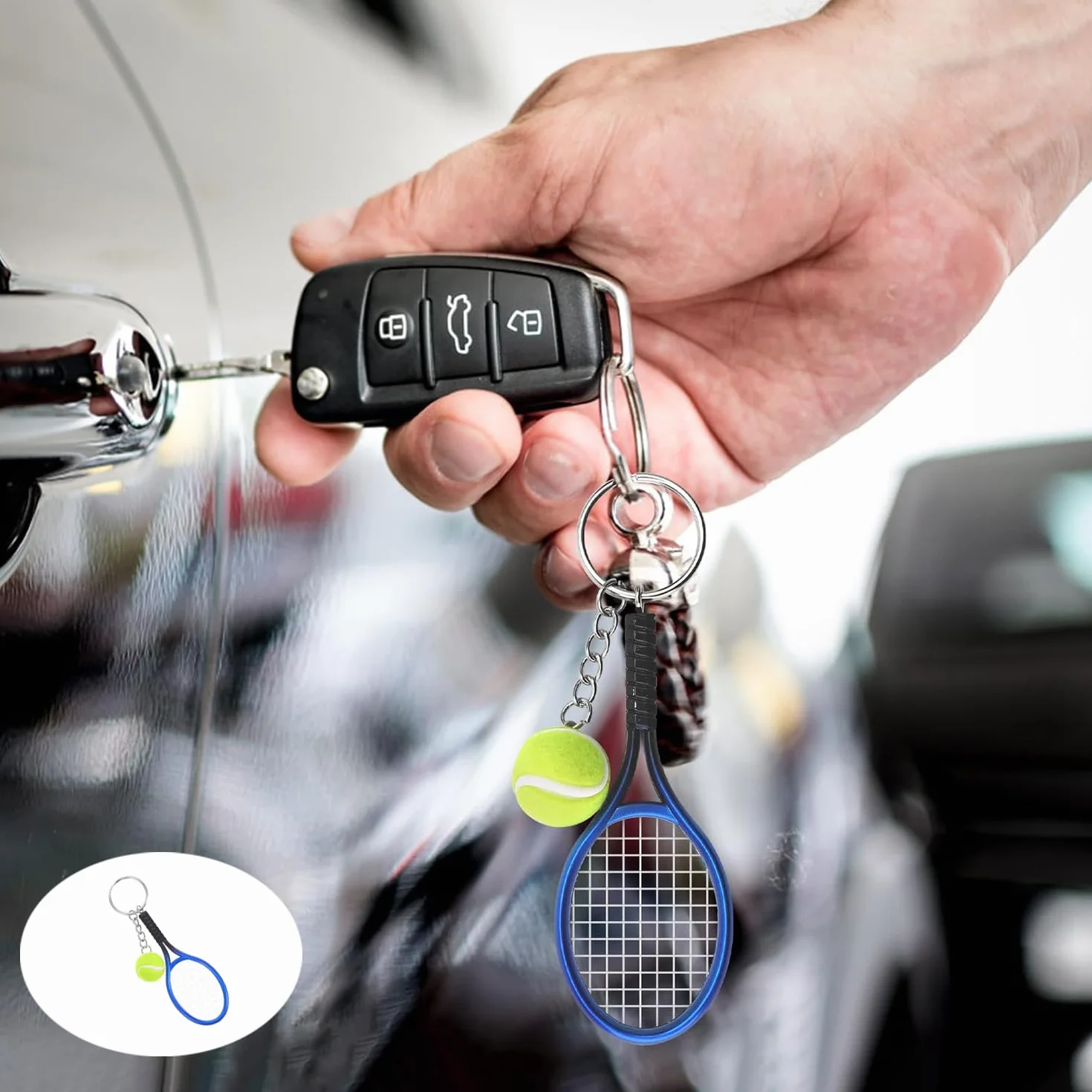 Llavero Raqueta de Tenis con Mini Pelota, Accesorio Decorativo para Coche
