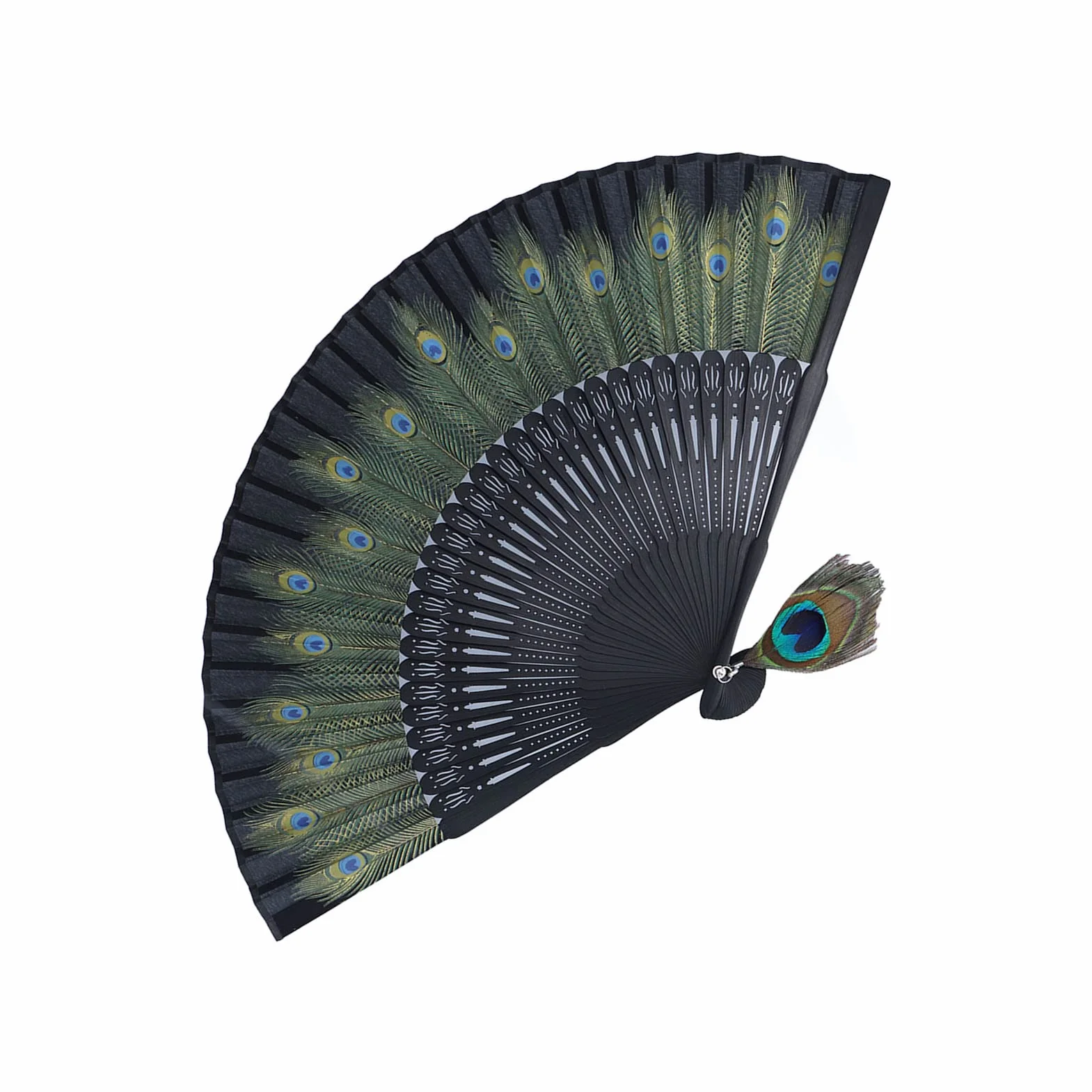 Abanico de Mano de Bambú Antiguo Plegable con Patrón de Pavo Real para Decoración de Pared