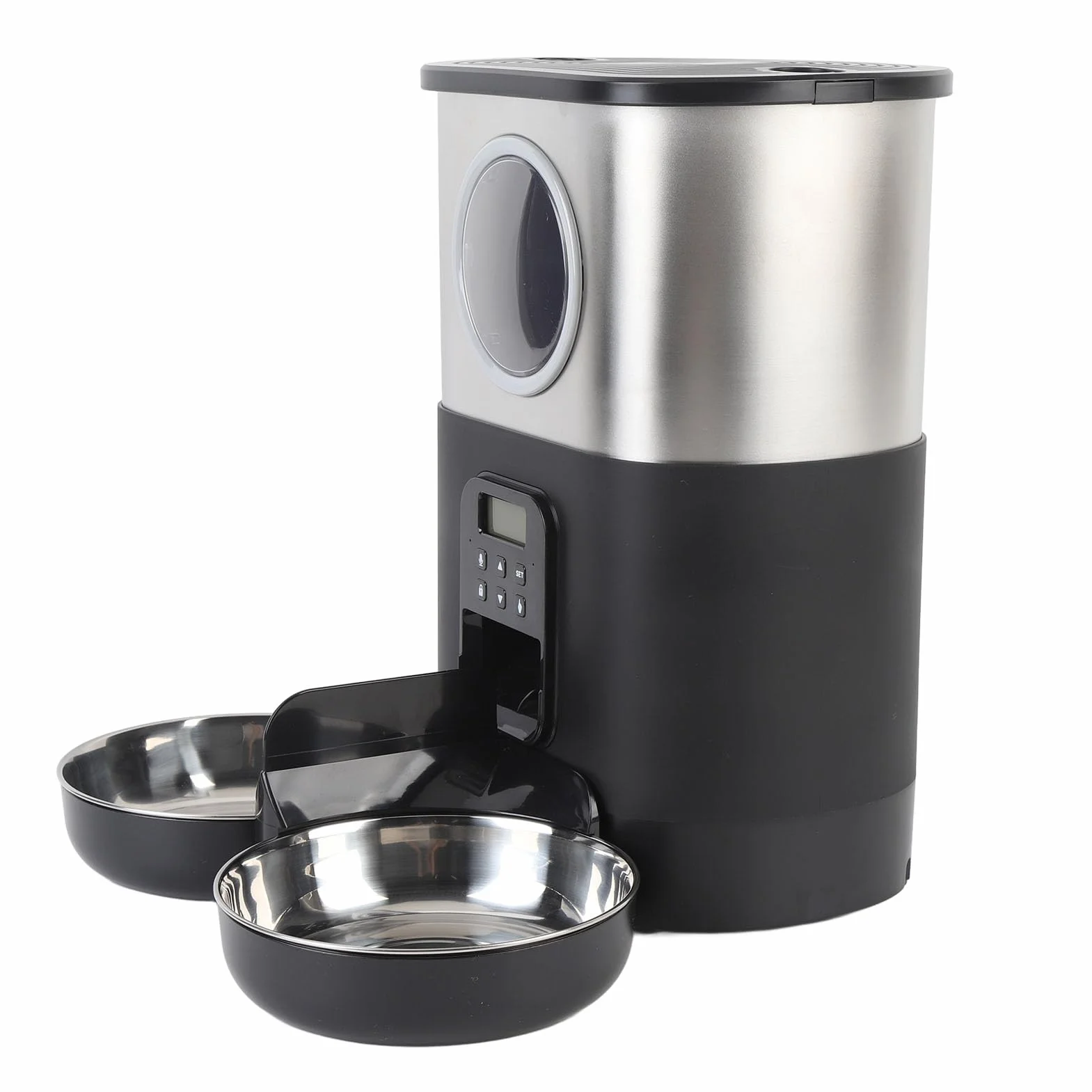 Sorandy Comedero Automático para Gatos, Comedero para Gatos de 5 litros de Capacidad, Cuantitativo Temporizado con Cuencos de Acero Inoxidable y Ventana Grande para Comprobar el Nivel de Alimentos,