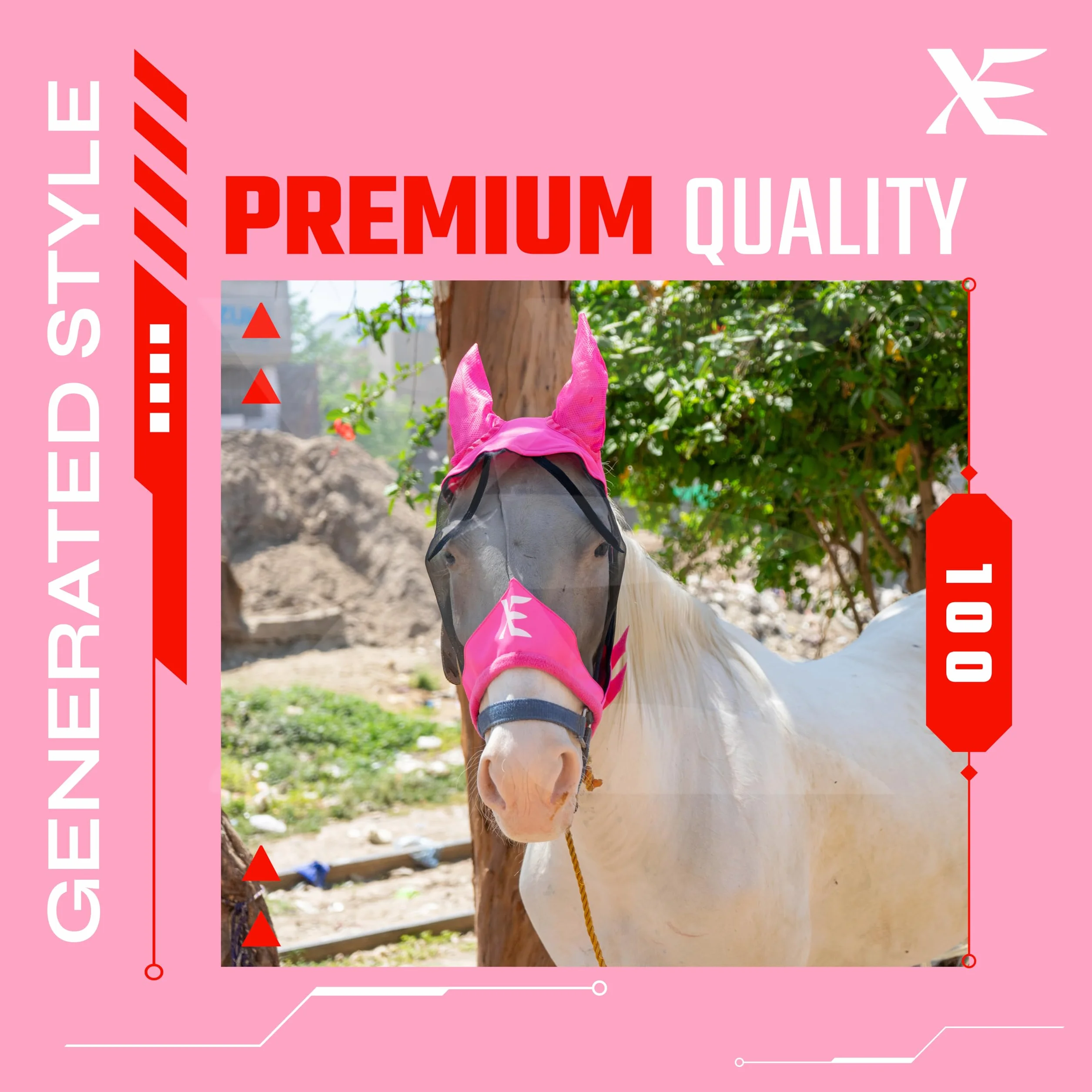 XE Máscara contra Moscas de Caballo con Orejas – Máscara de Caballo de Malla Transpirable para Cara Completa y Nariz para Protección UV y Mosca, Máscara Caballo (Half Pink Mask, COB (M))