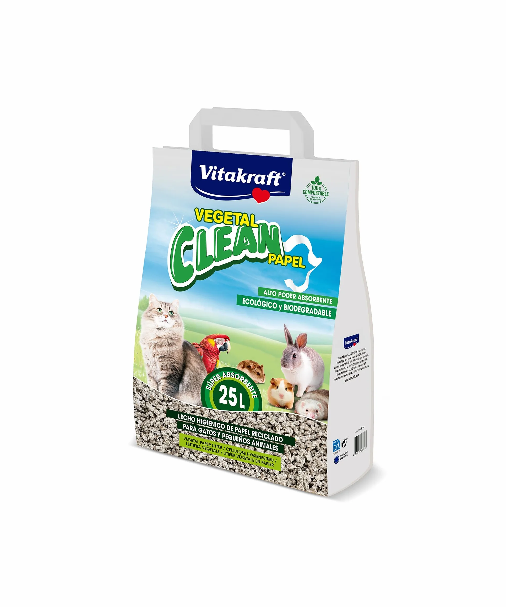 Vitakraft Vegetal Clean Papel lecho sanitario prensado para animales pequeños conejos cobayas gatos control olores absorción hipoalergénico biodegradable 25L