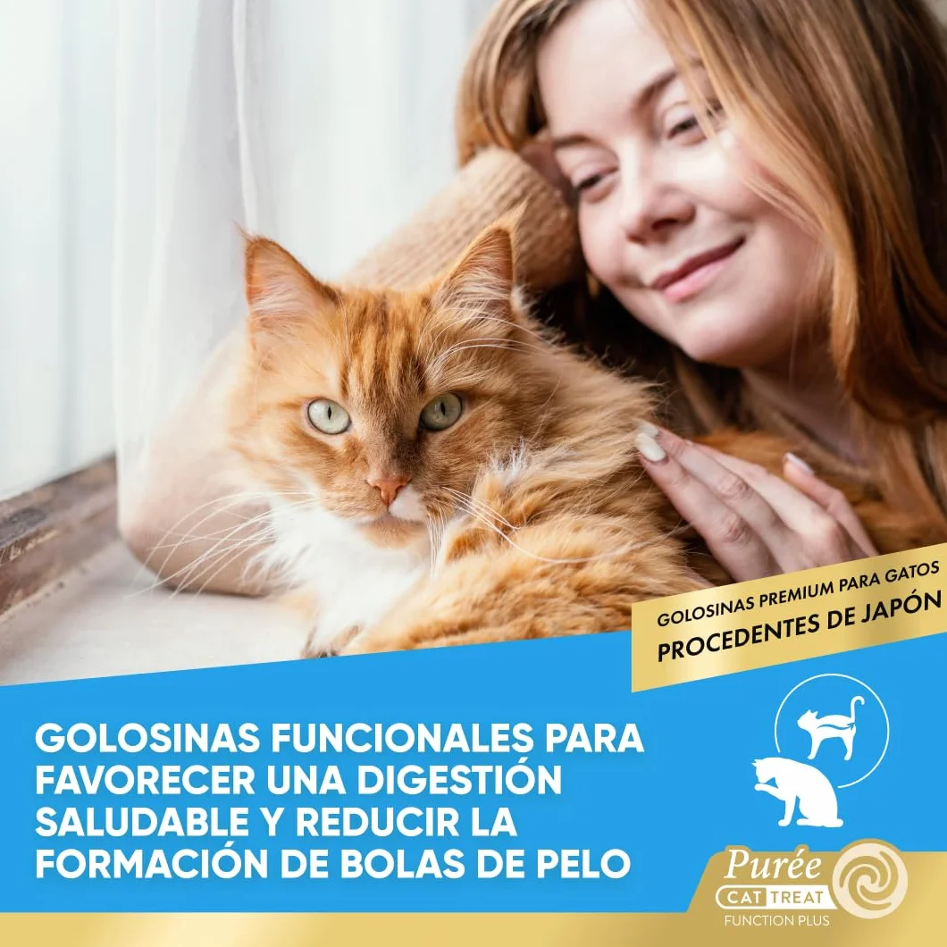 INABA Churu Hairball Control, Snack Cremoso para Gatos contra Las Bolas de Pelo, con Atún, Pollo y Salmón, Puré Suave con Fibra Añadida, Rico en Omega 3 y 6, Alto Contenido en Humedad, 40 Tubos x 14g