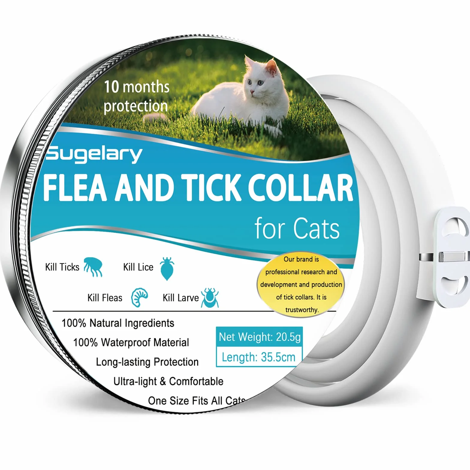 Collar Antipulgas para Gatos, 100% Natural Ajustable Collar Antipulgas, Repele Eficazmente Piojos, Pulgas, Parásitos, 35,5cm Adecuado para Gatitos, Gatos Medianos y Grandes