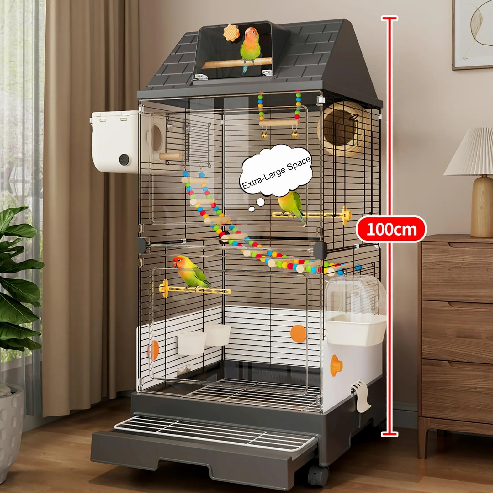 Jaula para Pájaros Moderna con Vista Panorámica 98cm, Aviario Interior con Bandeja Extraíble para Periquitos, Cacatúas, Canarios, Agapornis y Aves Pequeñas Black
