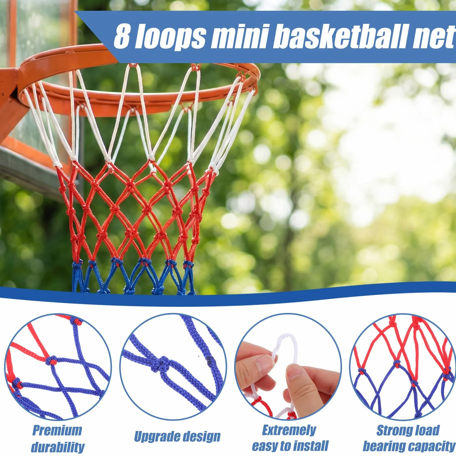 Red de baloncesto de repuesto, 2 piezas, 8 bucles, interior y exterior