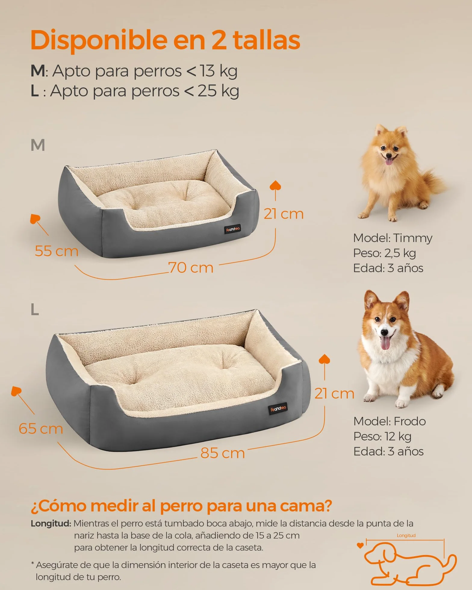Feandrea Cama para Perros, Sofá Cama para Mascotas, Alfombra Extraíble y Reversible, Bordes Elevados, Base Antideslizante, Talla M, 70 x 55 x 21 cm, Gris Paloma y Beige Arena PGW003G01