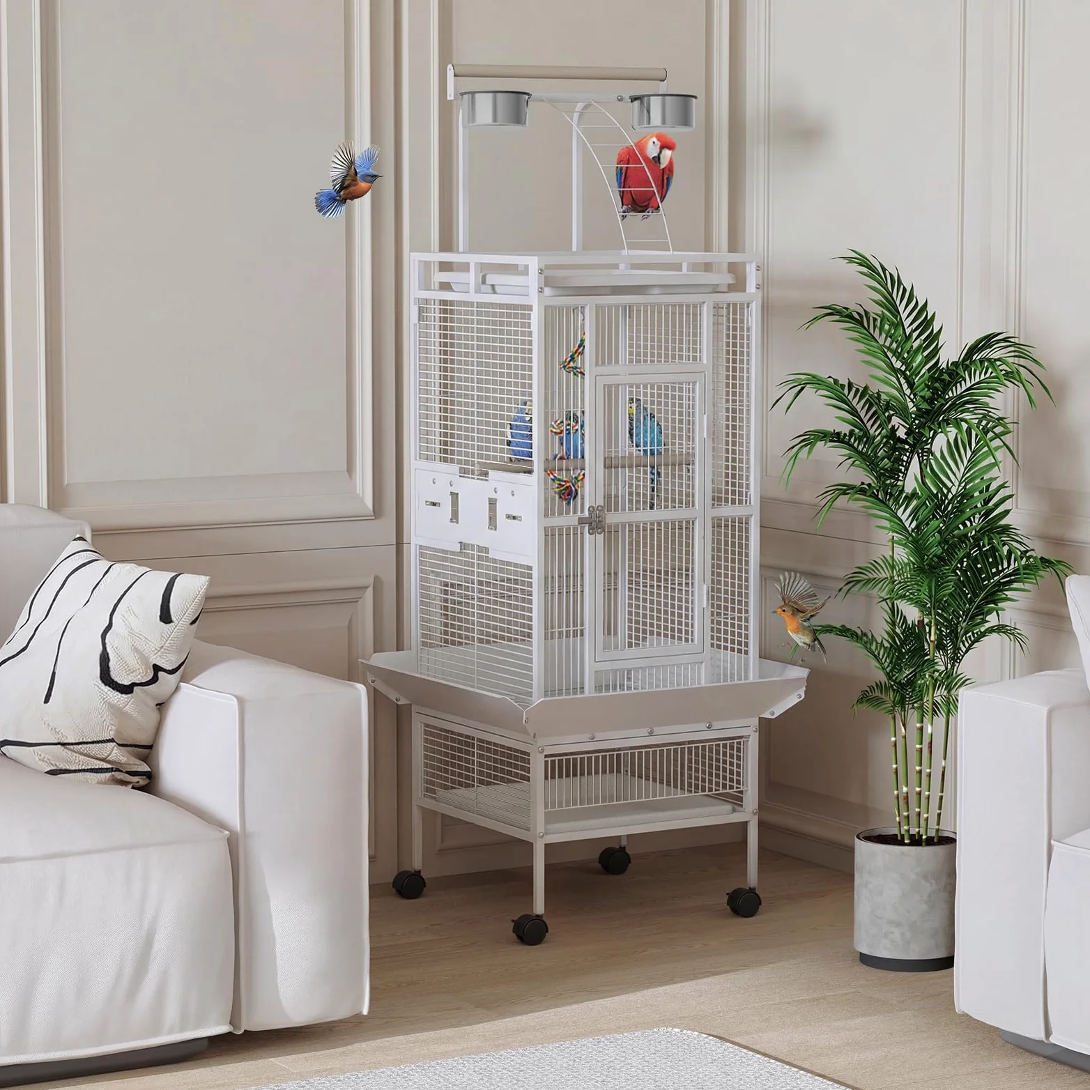 Garvee Jaula para loros gris africano, jaula grande para pájaros con soporte rodante, parte superior de juego y cuencos de acero inoxidable, jaula de pinzón para mini guacamayo, cacatúa, cacatúas