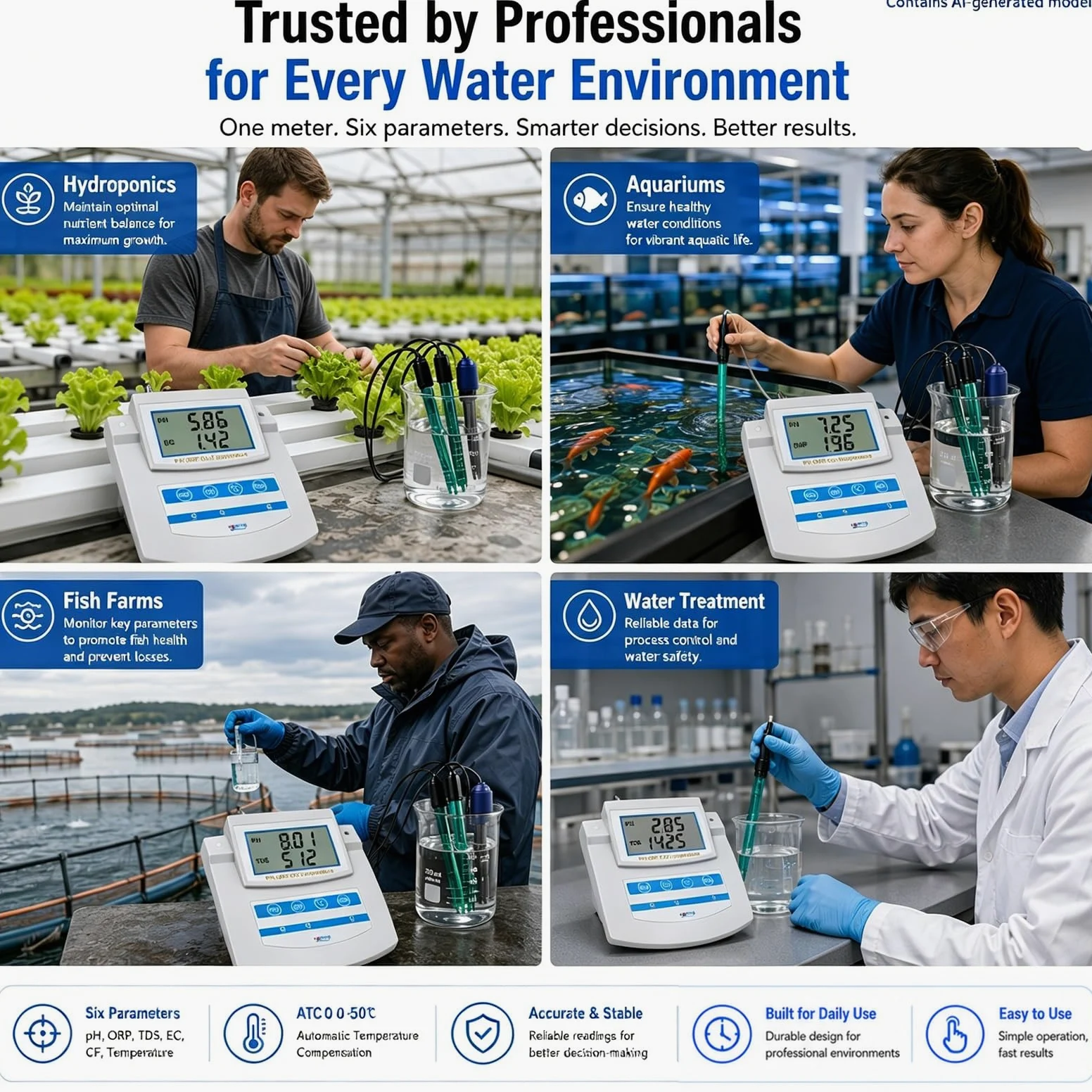 Probador de Calidad del Agua de sobremesa 6 en 1 Acuicultura hidropónica – Medidor multiparámetro Comercial pH TDS EC CF ORP Temp con ATC for gestión de nutrientes en piscifactorías