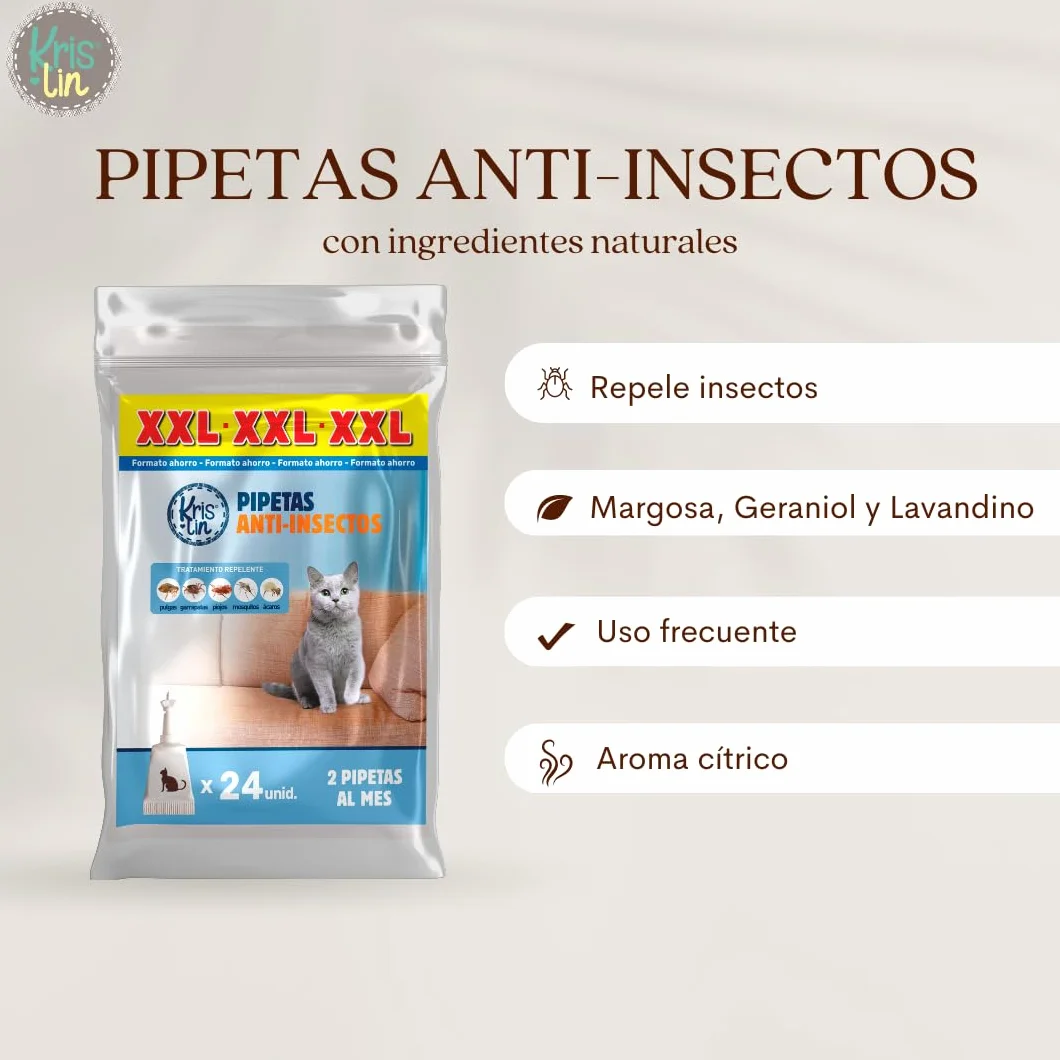 Pack de 24 Pipetas Repel para Gatos con Margosa, Geraniol Y Lavandino, contra pulgas, garrapatas e Insectos