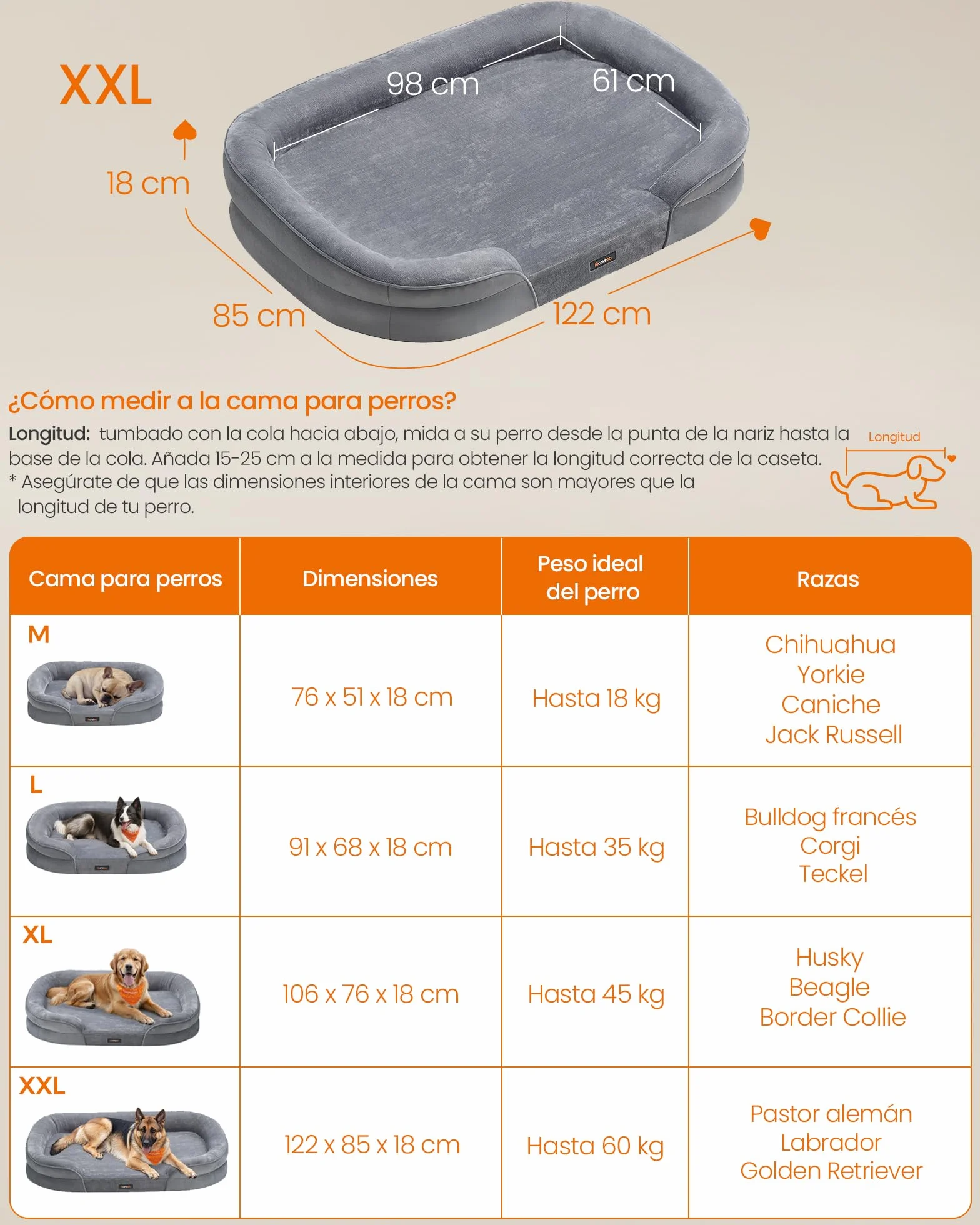 Feandrea Cama para Perros Extra Grandes, 122 x 85 x 18 cm, Ortopédica, Espuma de Nido de Abeja, Forro Repelente al Agua, Bordes Elevados, Funda Extraíble y Lavable, Gris Claro PGW284G01