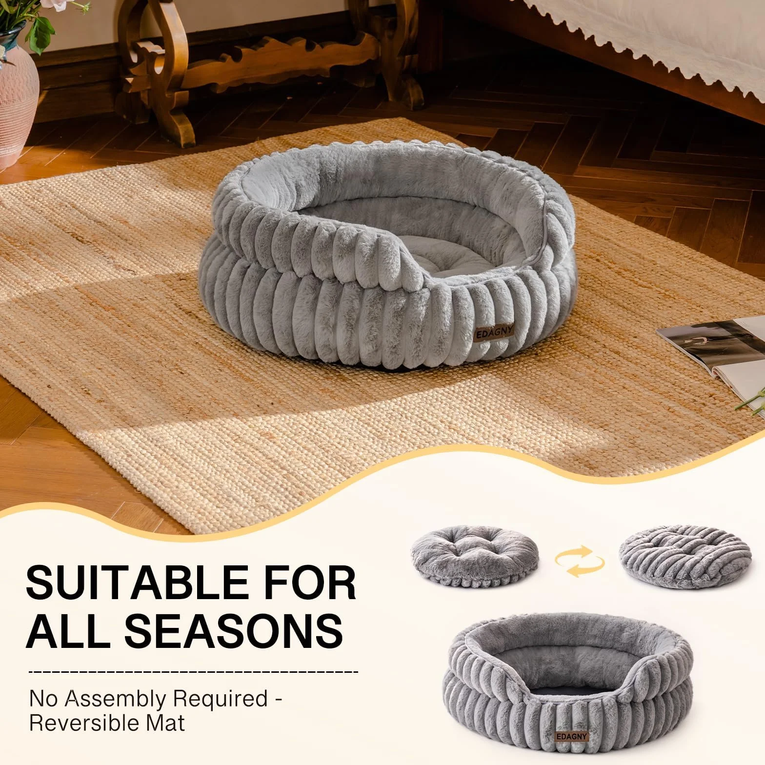 EDAGNY Elegantes Camas para Gatos Camas Perros - Redonda Suave Cama para Perros Pequeños y Medianos Perro, Lavable Calmante Cama para Mascotas (Gris, 51cm x 51cm x 20cm)