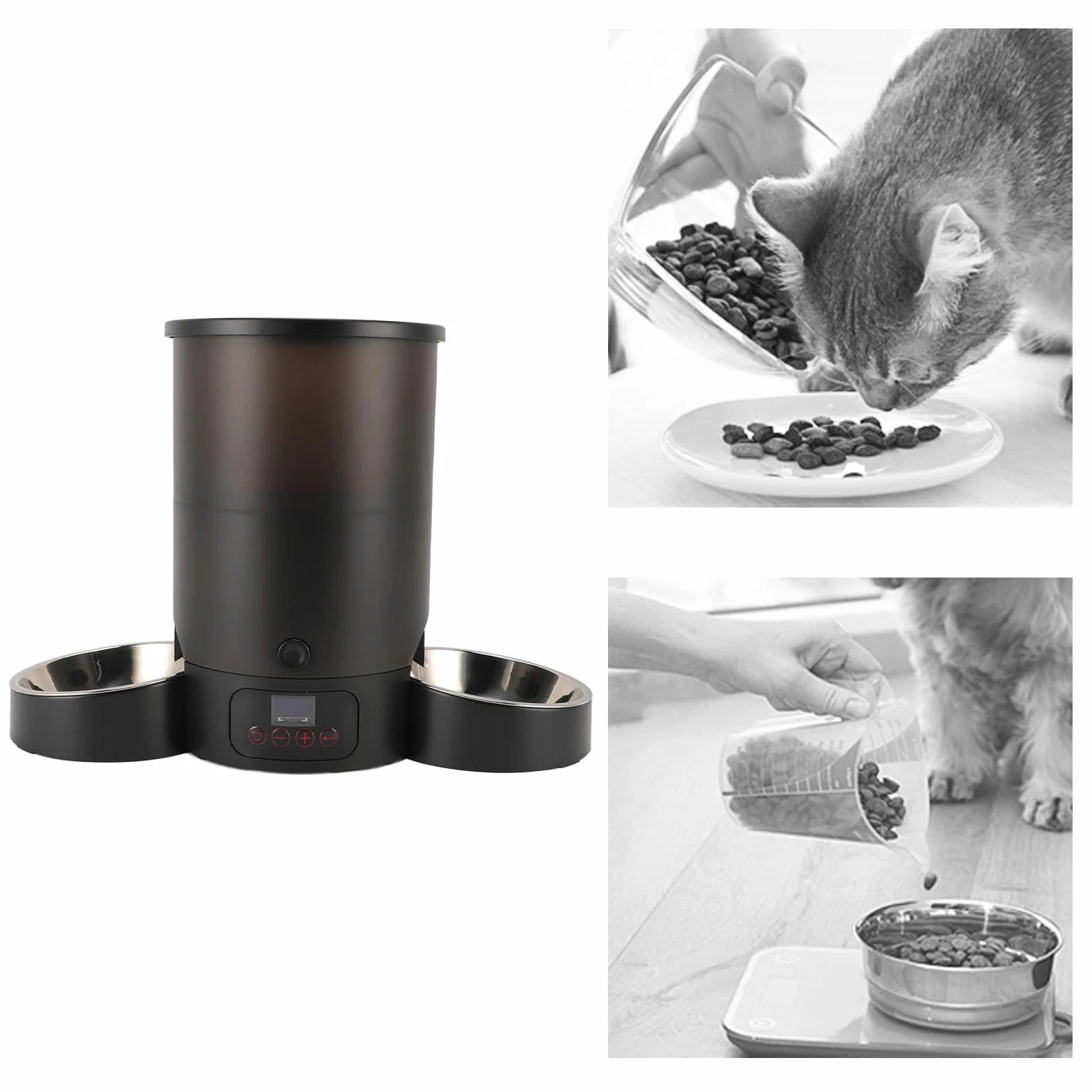 Comedero Automático para Gatos Gran Capacidad Doble Tazón Fácil de Limpiar Dispensador de Alimentos Temporizado para Gatos y Perros Acero Inoxidable 3L (Negro)