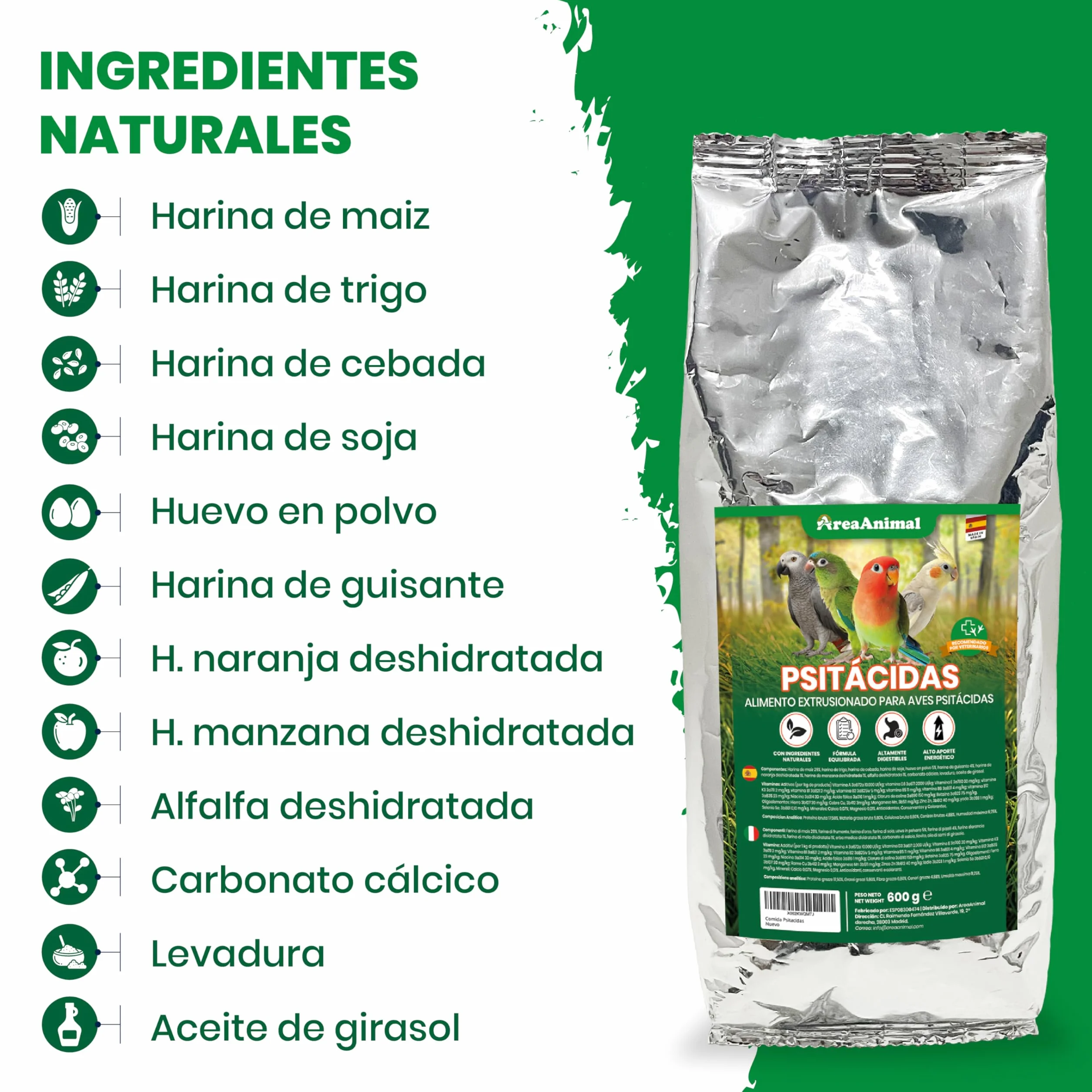 Alimento para Aves Psitácidas 600G, Comida Agapornis, Comida Periquitos, Ninfas, Loros... con Ingredientes Naturales, Alimento para Pajaros Psitácidas Extrusionado Completo y Equilibrado