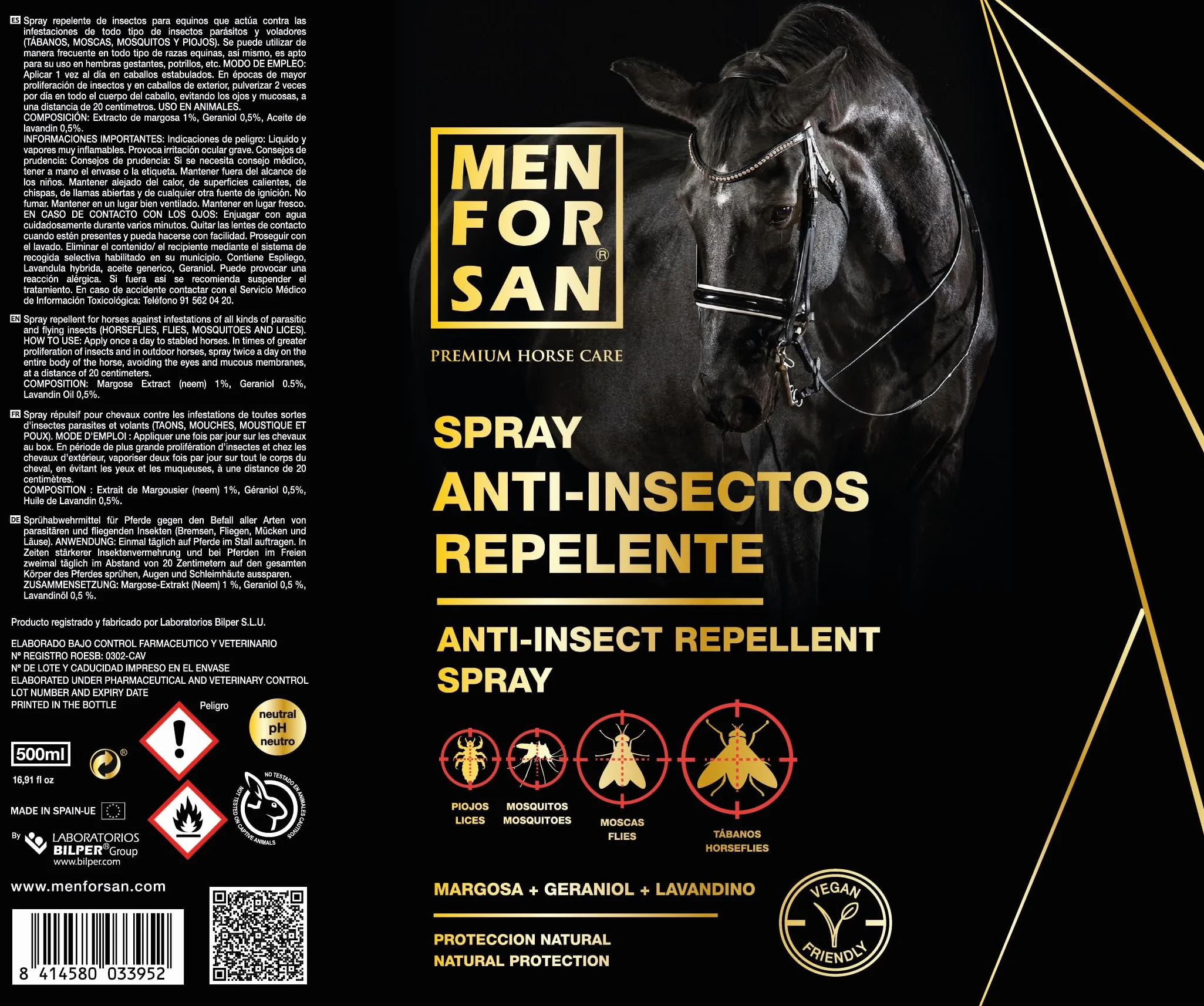 MENFORSAN Spray repelente de insectos para caballos, 500ml | con Margosa, geraniol y lavandino | Bio, 100% Natural