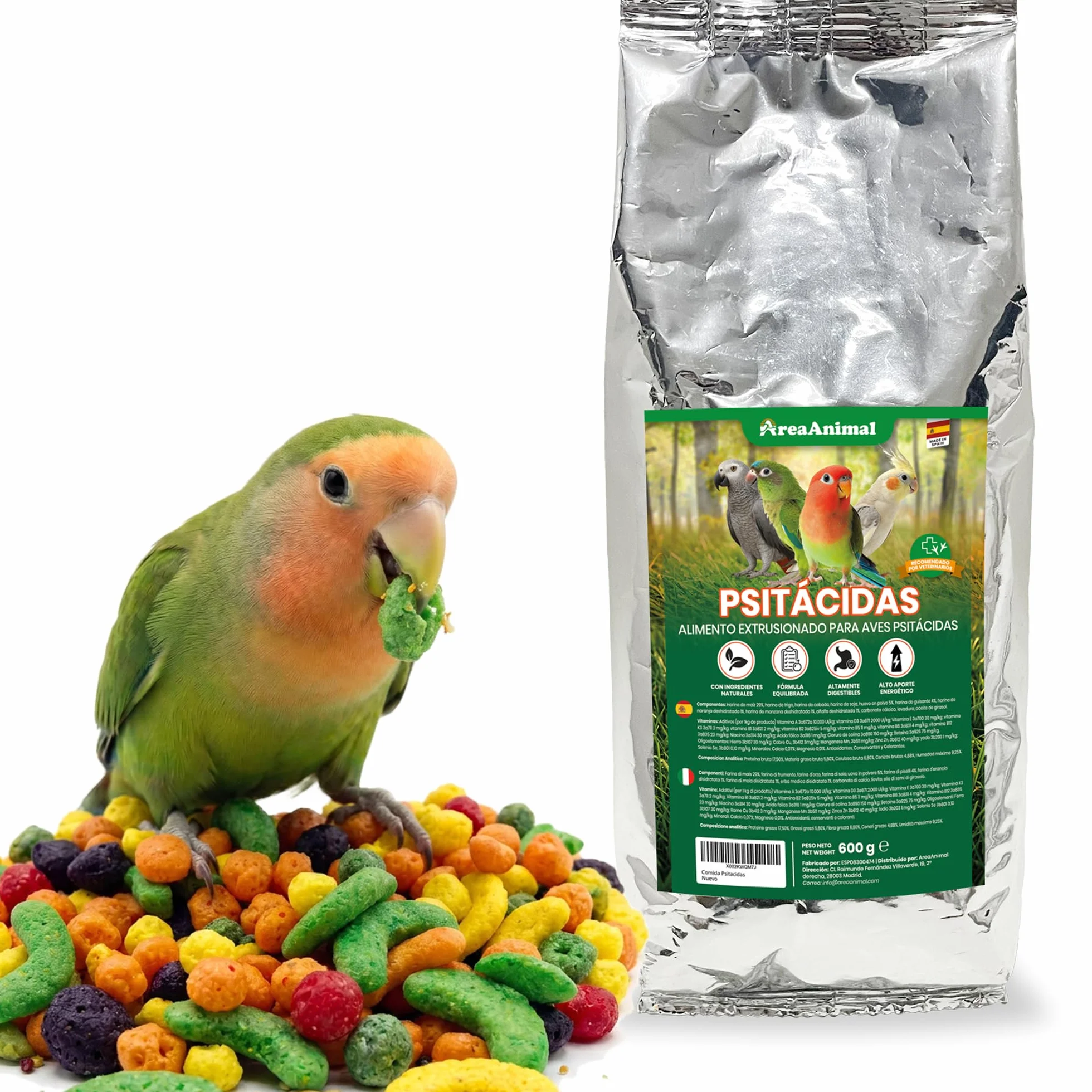 Alimento para Aves Psitácidas 600G, Comida Agapornis, Comida Periquitos, Ninfas, Loros... con Ingredientes Naturales, Alimento para Pajaros Psitácidas Extrusionado Completo y Equilibrado