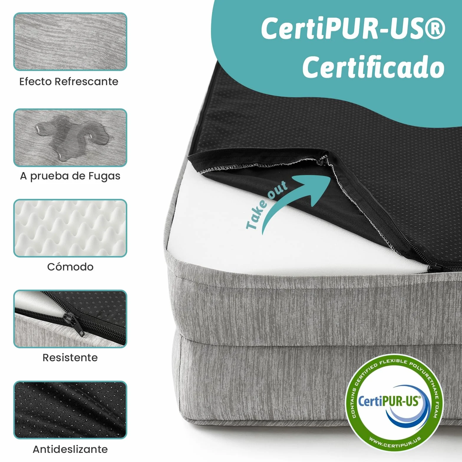 COZY KISS Cama Refrigerante Ortopédica para Perros Talla XL 107x76x18 cm - Sofá Ergonomico para Perros con Funda Desenfundable y Lavable & Espuma de Alvéolos, Impermeable, Gris Plateado, XL