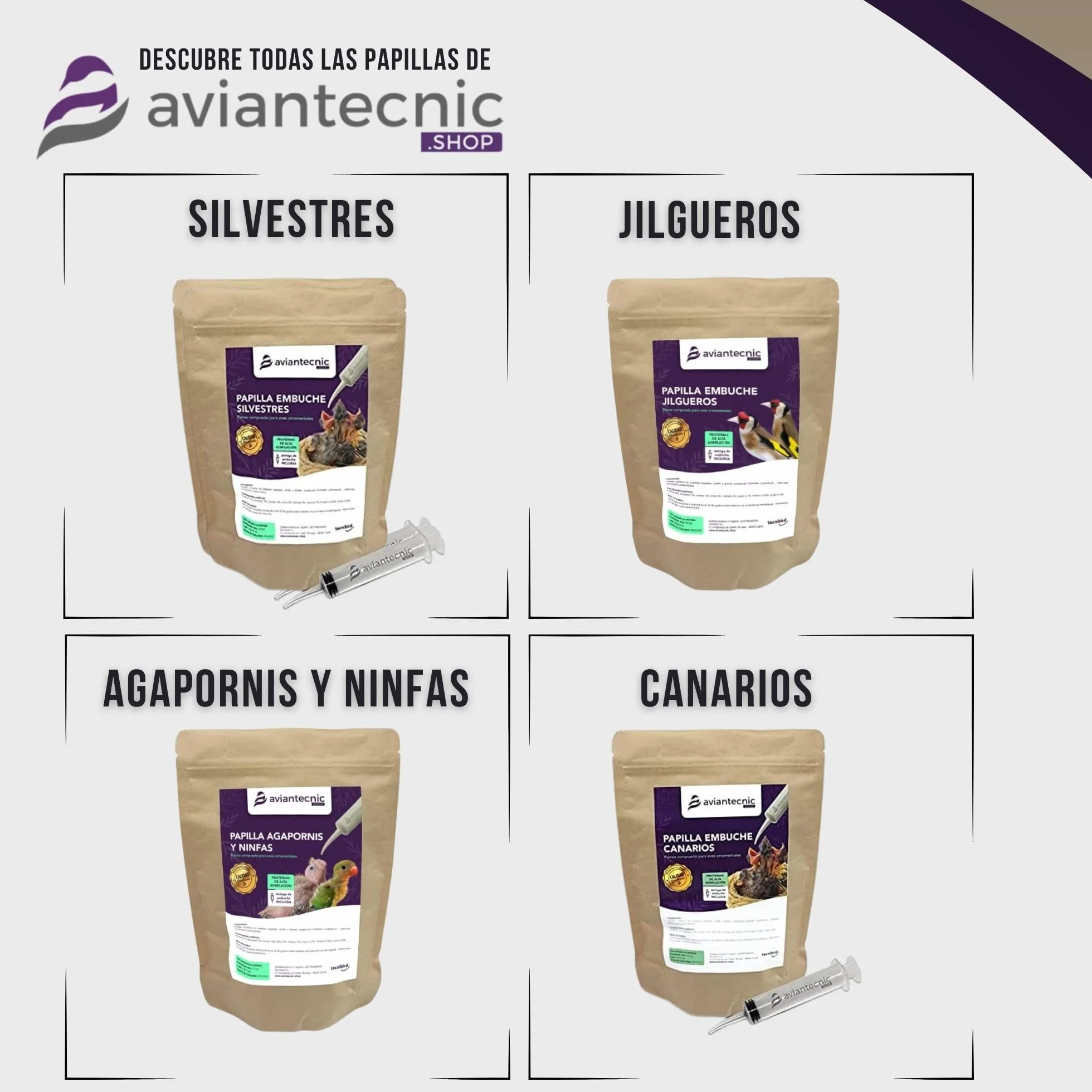 Aviantecnic Papilla Embuche Silvestres | Alimento Complementario para crías de pájaros | 400 g con Jeringa de Embuche Incluida