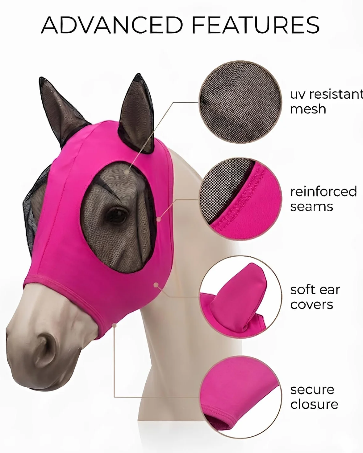 Máscara Anti-Moscas para Caballos Rosa Fucsia Protección UV con Orejeras Elásticas Transpirable