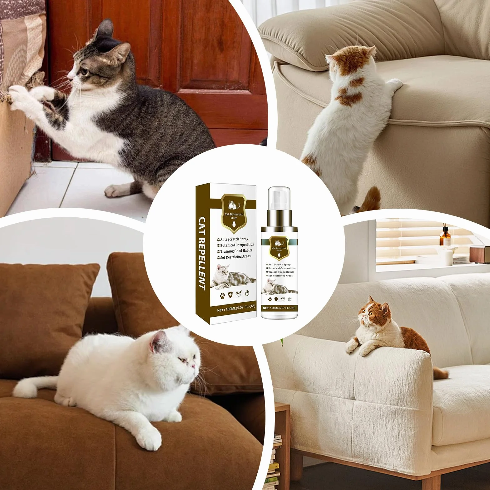 Spray Antigatos | 150ml Seguro Natural Antiarañazos - Control Interior Felino,Protege Neumáticos Sofás Alfombras Césped Patio Balcón Terraza Piscina