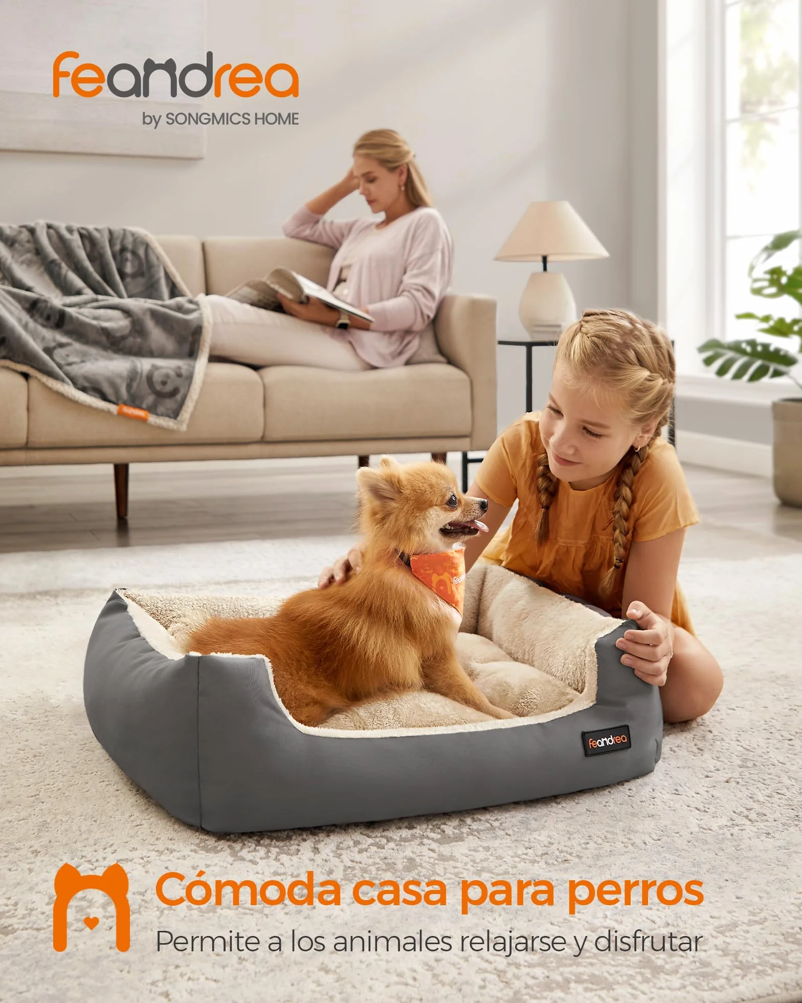 Feandrea Cama para Perros, Sofá Cama para Mascotas, Alfombra Extraíble y Reversible, Bordes Elevados, Base Antideslizante, Talla M, 70 x 55 x 21 cm, Gris Paloma y Beige Arena PGW003G01