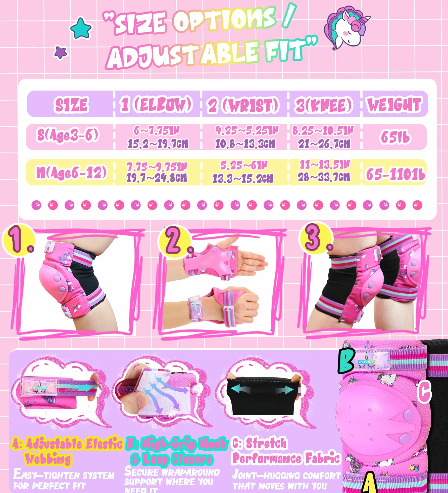 Unicornio Rodilleras Protección Patines Infantiles con Bolsa de Cordón para Patinaje Skateboard Bicicletas