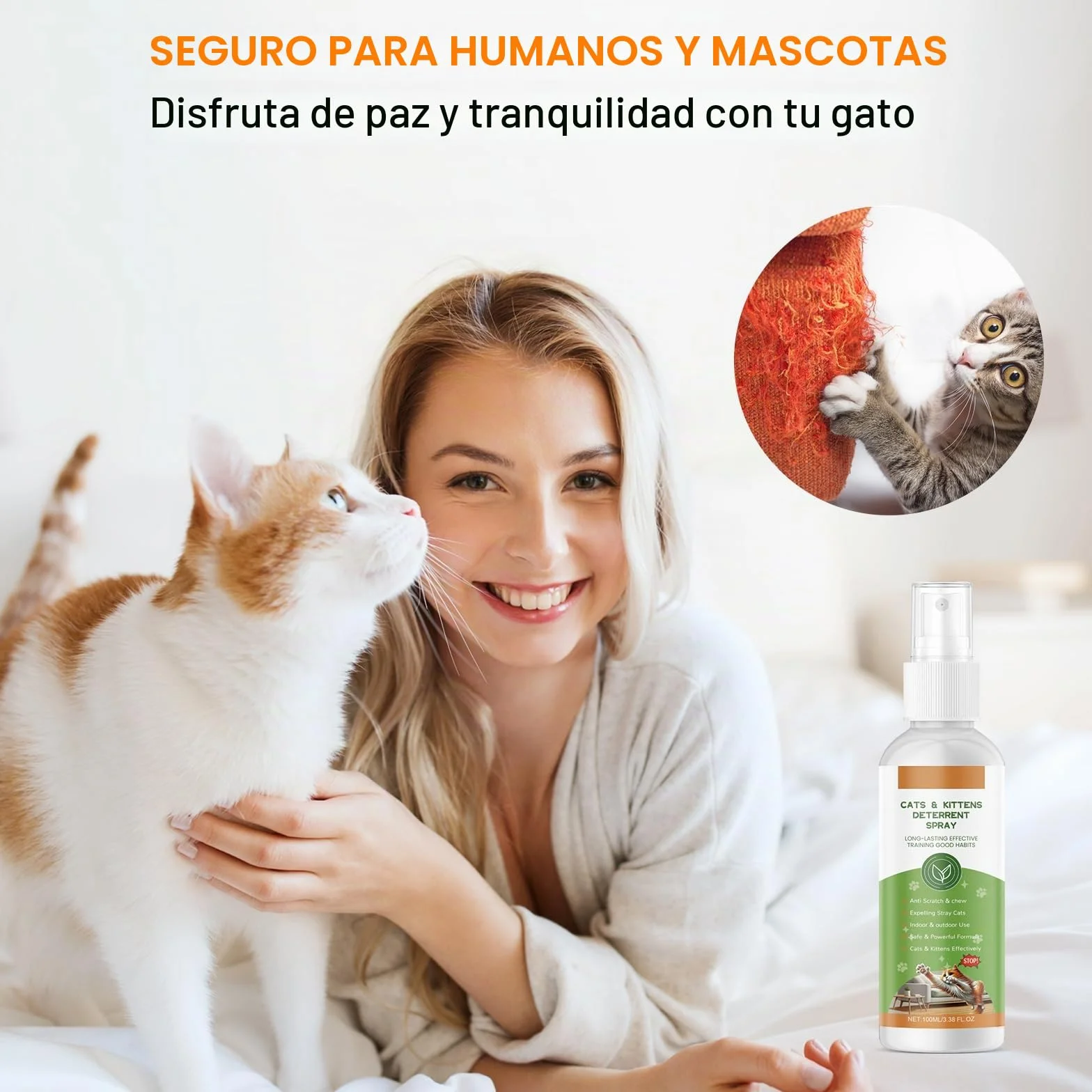 Spray Antiarañazos Gatos 100ML Spray Repelente Gatos para en Interiores y Exteriores, Spray Ahuyentador de Gatos Que Rascan Mantiene a Las Mascotas Fuera de Las Áreas De Acceso, Protege Muebles