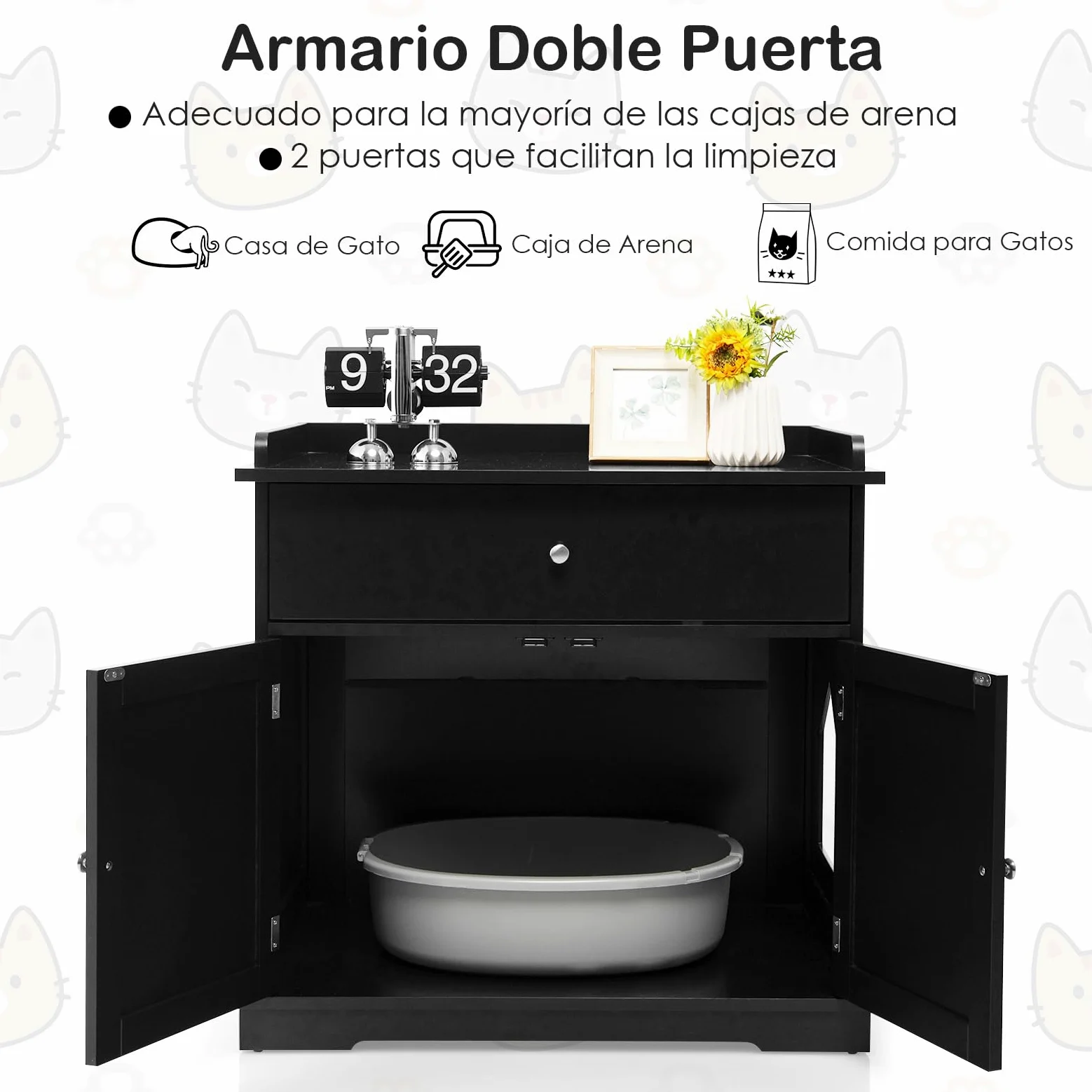 GOPLUS 3 en 1 Mueble Arenero para Gatos, Caja de Arena para Gatos con Cajones, Aseo Cerrado para Gato con Puertas Dobles y Agujeros, Casa de Mascotas Interior, Mesa Auxiliar con Lavabo Oculto (Negro)