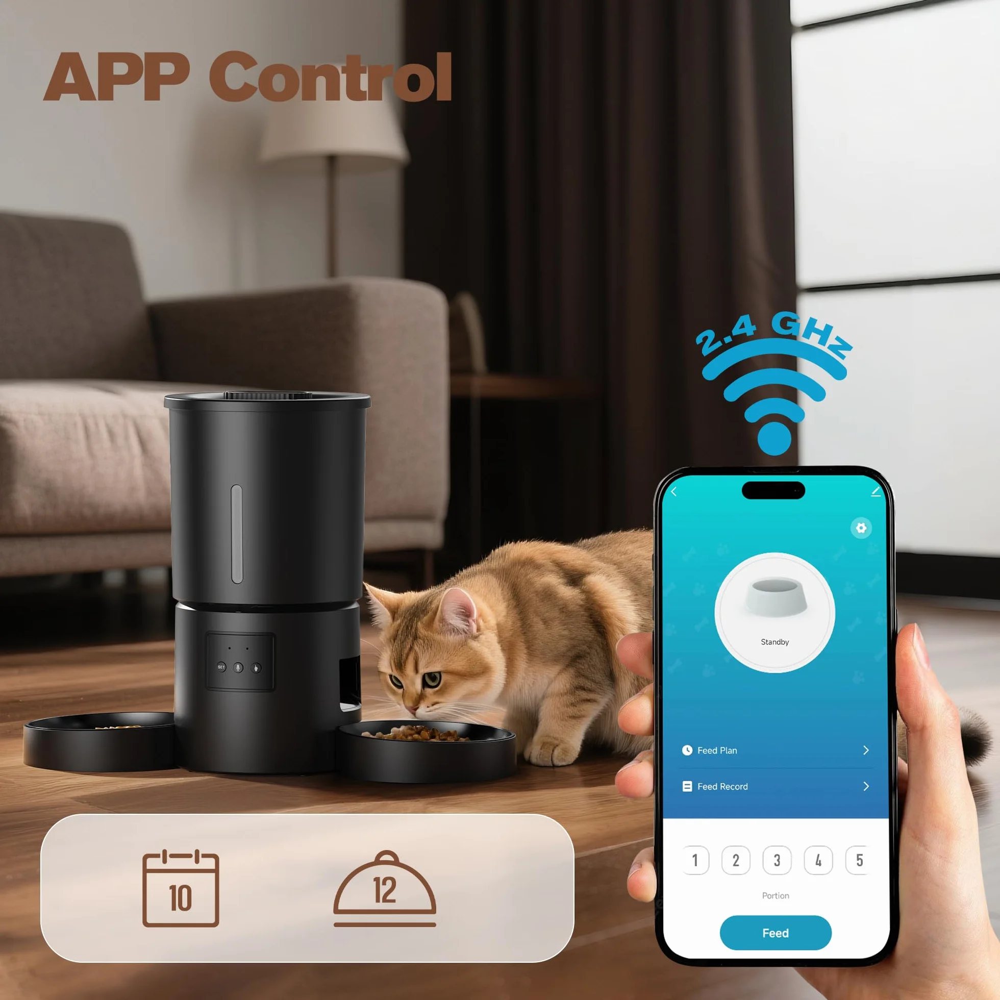 Comedero Gato Automático Doble & App: Dispensador Automático de 5L con WiFi 2.4G y Temporizador para Comida Seca - Diseño de Comedero Doble AONBOY para Múltiples Gatos y Perros - Negro