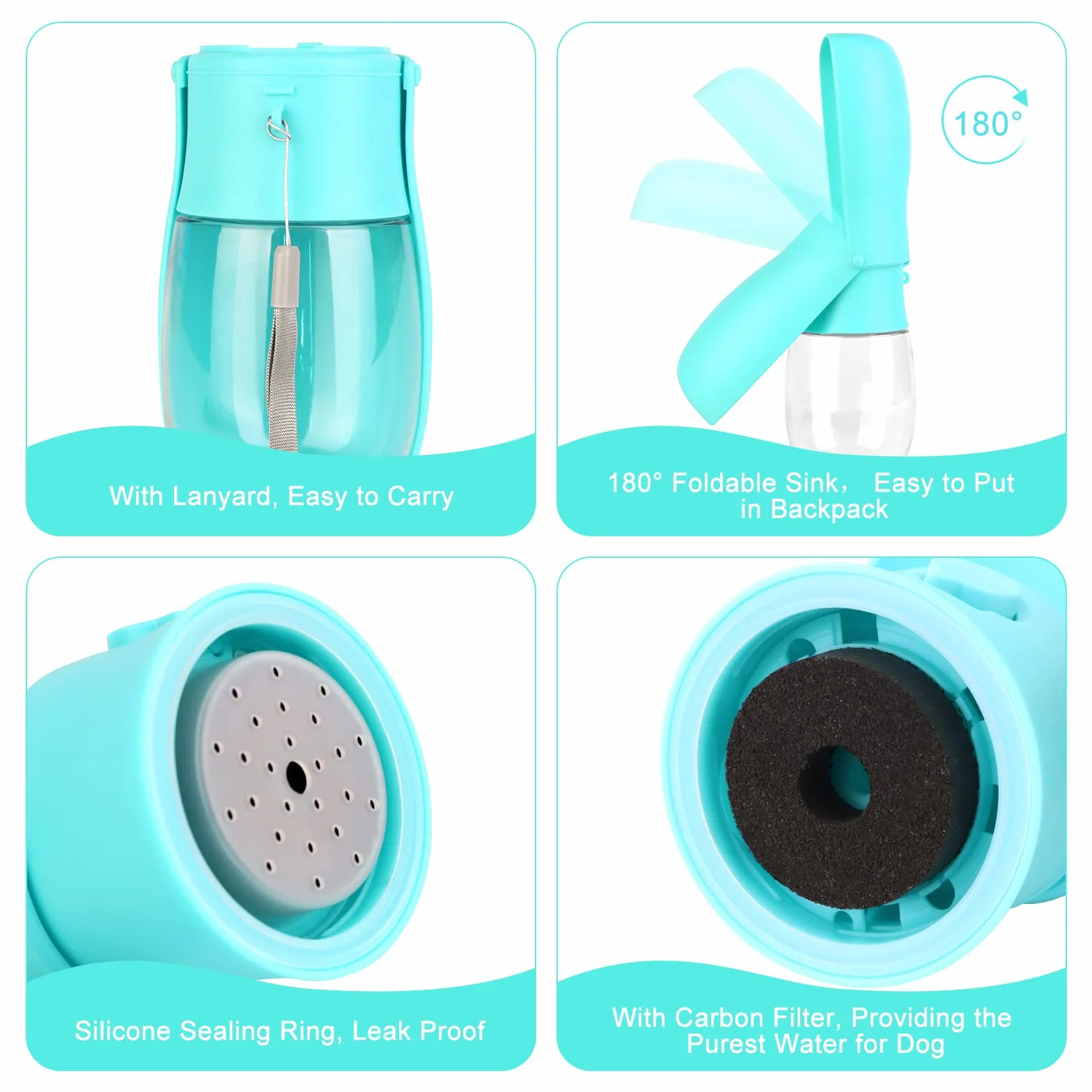 JOPHEK 300ML Botella de Agua para Mascotas, 180°Plegable Botellas de Agua para Perro Gato con Botón de Bloqueo y Filtro de Carbón Activado para Acampar a Pie Todos los Días