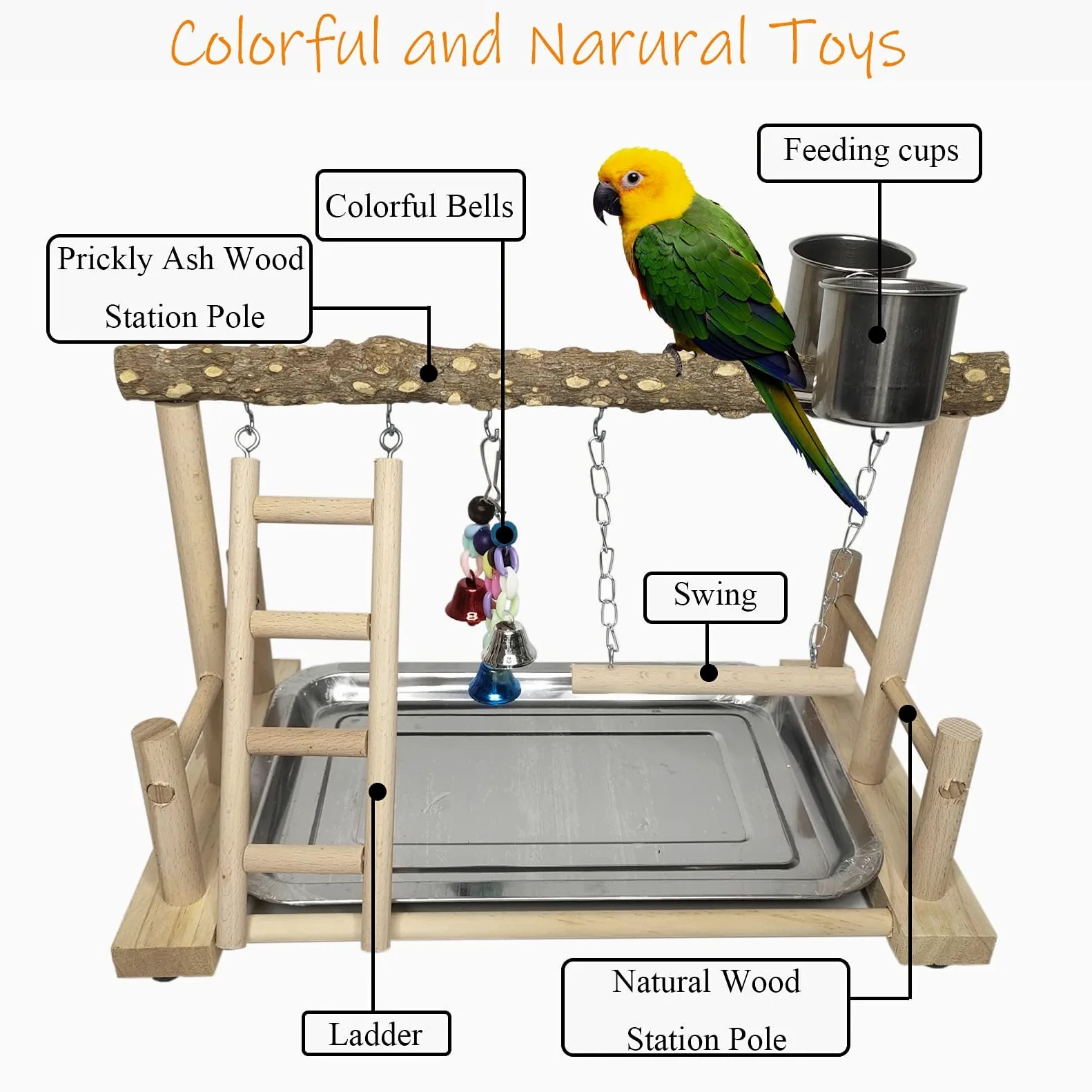 PINVNBY Parque de Juegos para pájaros, Soporte de Madera para Loros, Soporte de Madera para Ejercicio, para Gimnasio, Escalera con Tazas de comedero, Juguetes Colgantes para periquitos, Conure