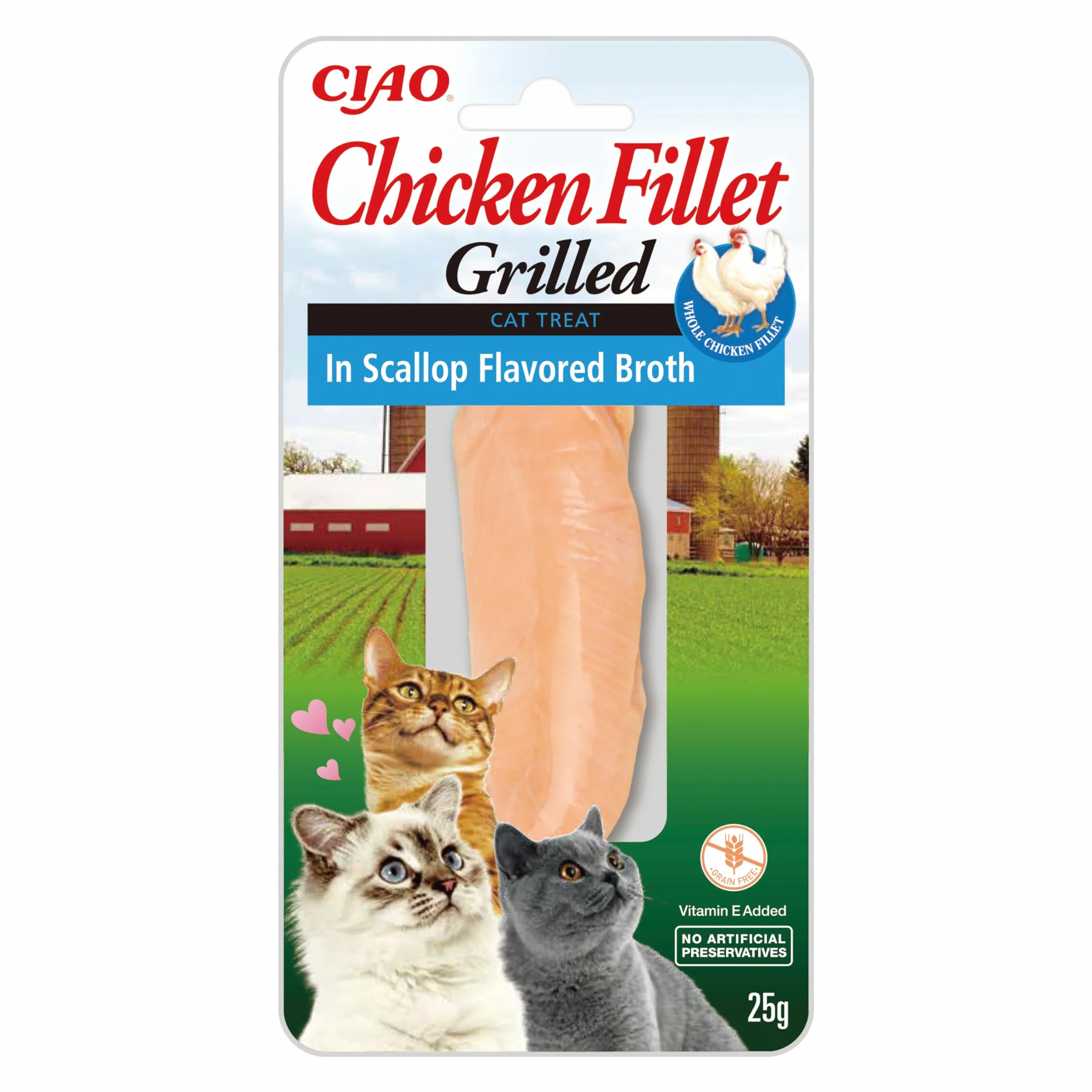 INABA Filete de Pollo a la Parrilla - Golosinas de Filete de Pollo - Caldo Sabor Vieira - Snack Felino Rico en Antioxidantes a la Parrilla - para Gatos - 1 Filete 25g