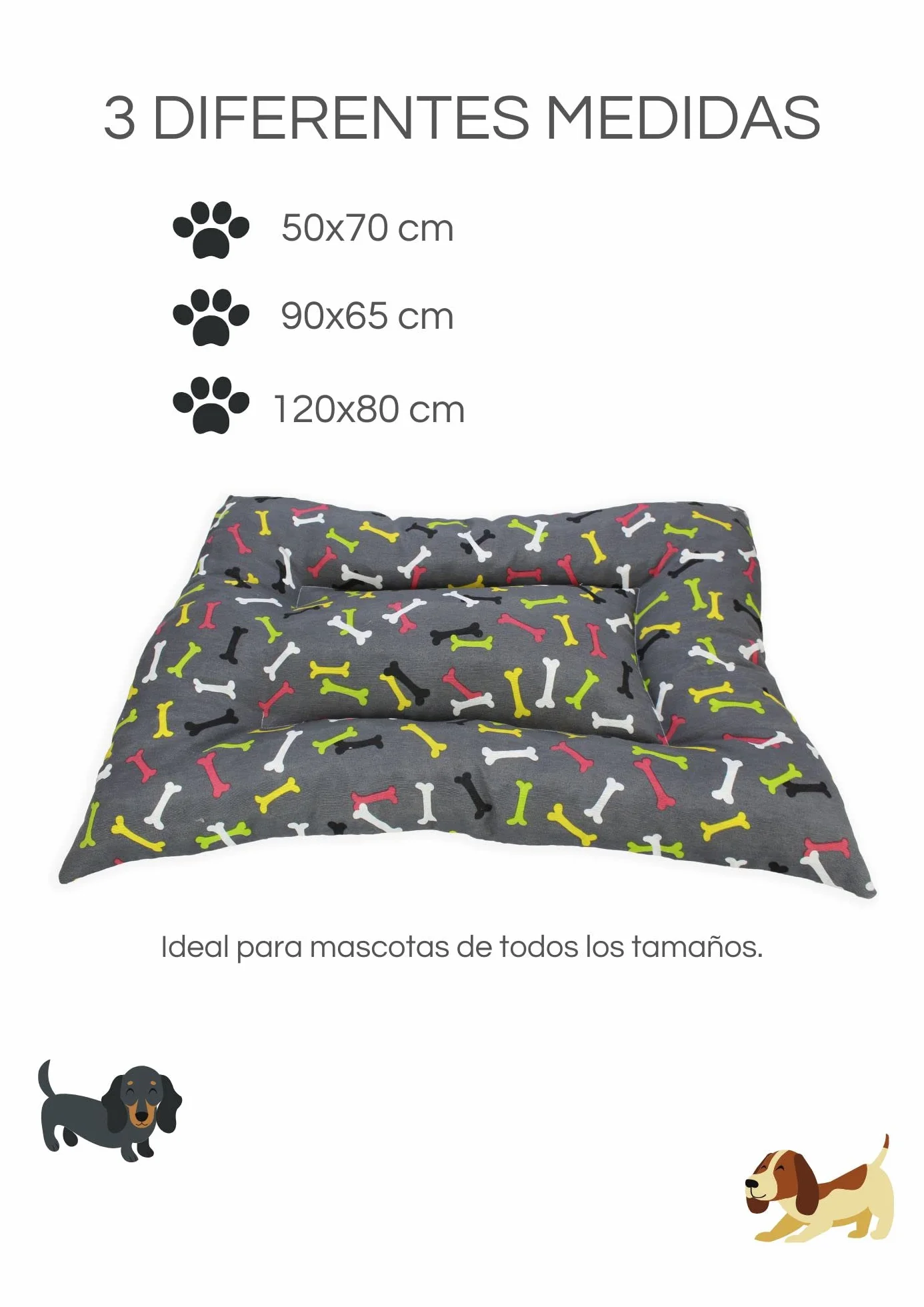 Acomoda Textil – Cama para Perros de Tela, Cama Perros Reversible y Lavable. Colchoneta Mascotas para Transportín y Hogar. (50x70, Huesos)