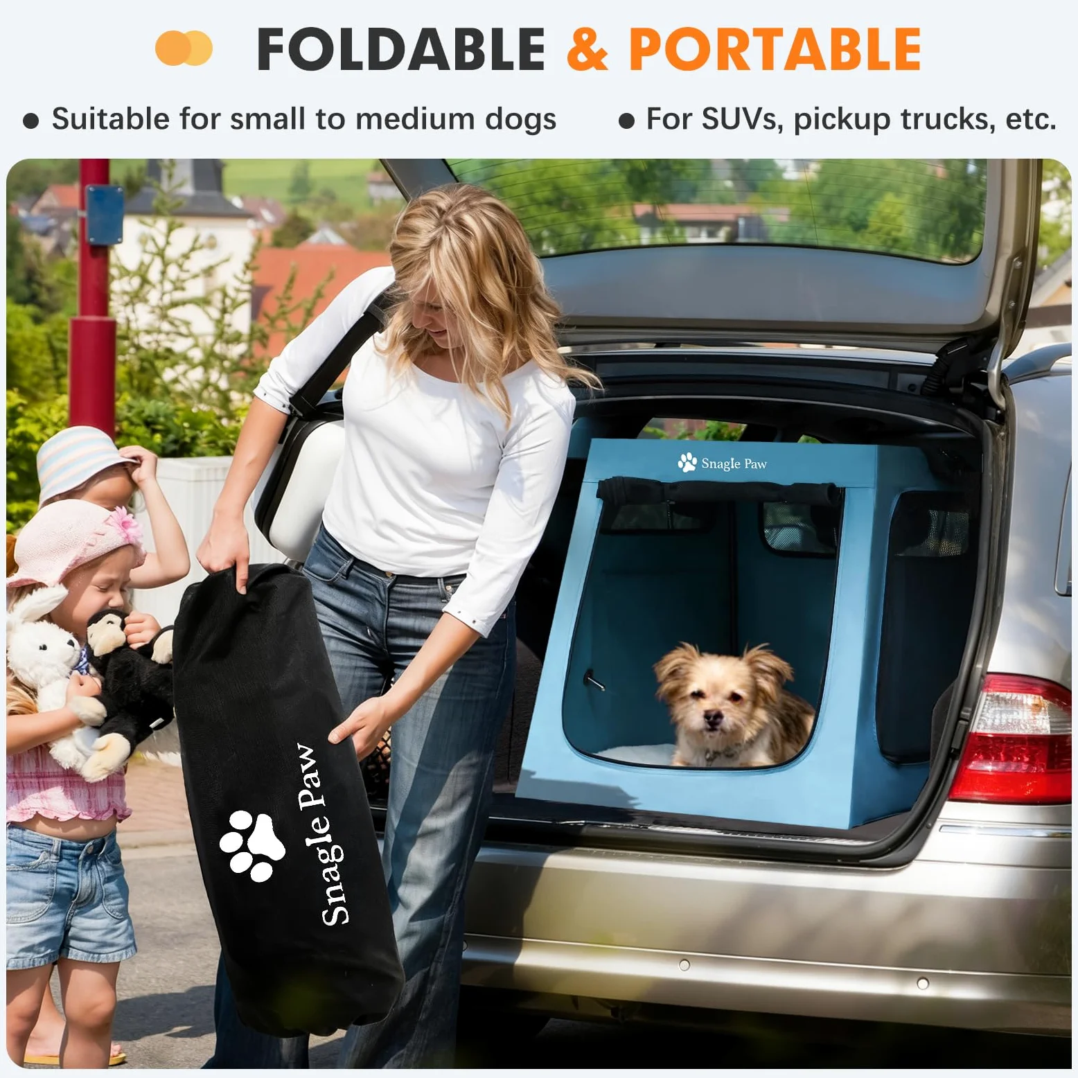 Snagle Paw Jaula portátil para perros para viajes en coche, plegable, grande, con marco de metal y ventanas de malla de 3 puertas, se asegura en el maletero/asiento trasero, transportador de perrera