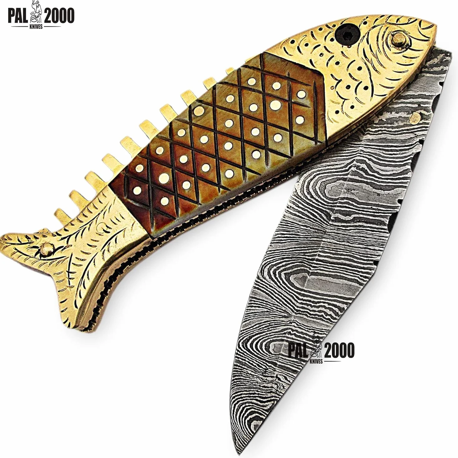 PAL 2000 KNIVES cuchillos de acero de damasco con funda de cuero