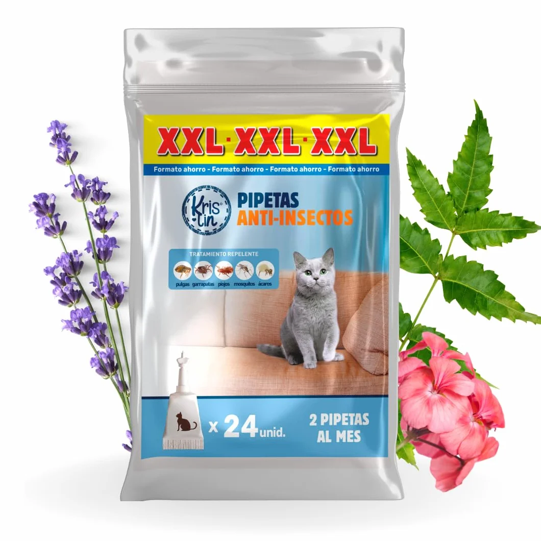 Pack de 24 Pipetas Repel para Gatos con Margosa, Geraniol Y Lavandino, contra pulgas, garrapatas e Insectos