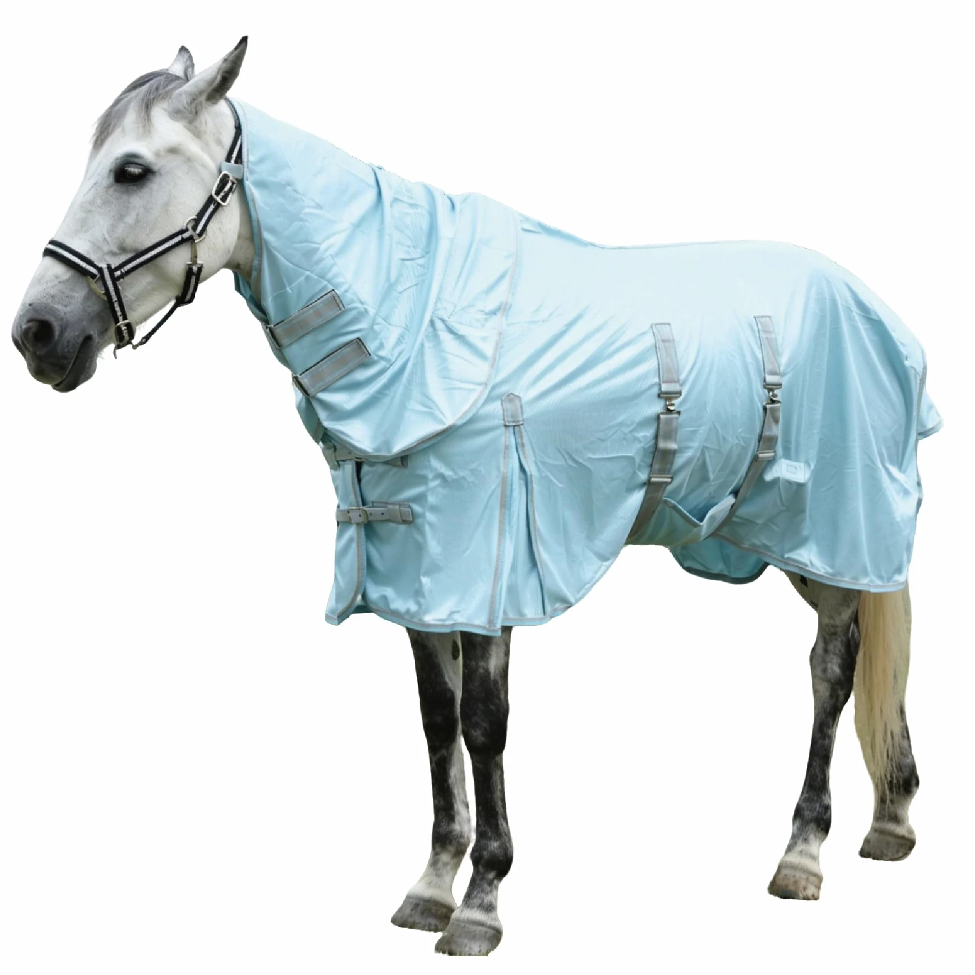 Manta antimoscas para caballos con parte del cuello, transpirable, ligera y resistente al desgarro, color azul, 155 cm