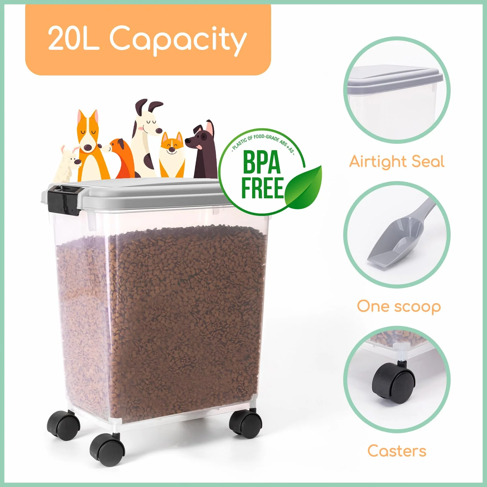 Nobleza - Contenedor de Comida para Mascotas 20L， Mascotas Caja de Alimentos con Ruedas Contenedor， Tapa abatible， hermética， Transparente， Ruedas y Pala， para Comida para Perros y Gatos， Gris