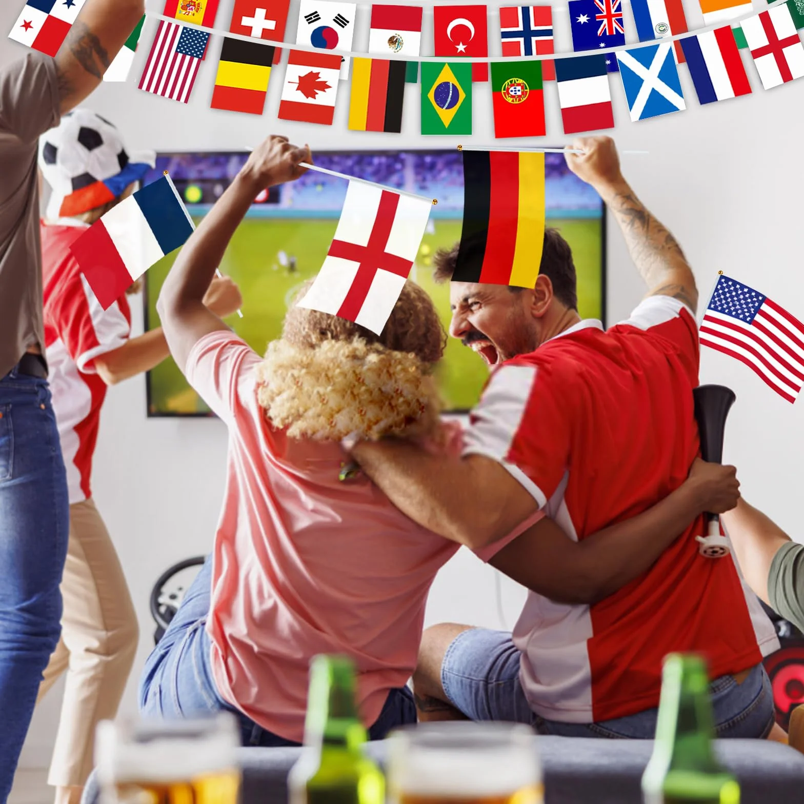 AhfuLife Bandera de Mano de Fútbol Copa del Mundo 48 Países 30cm Palo Doble Cara Decoración Desfile Fiesta