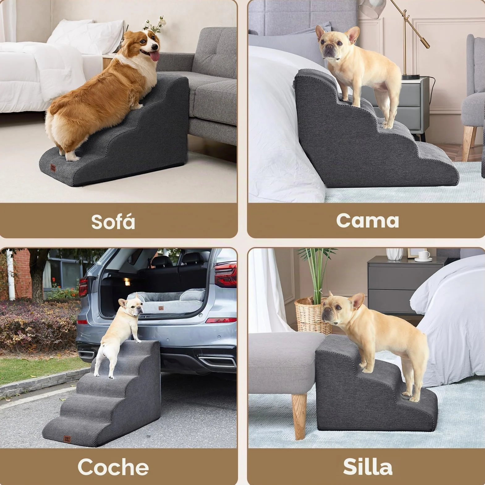 EHEYCIGA Escalera para Perros Pequeños 3 Peldaños, 40x57x40 cm, Rampa para Perros de Espuma para Cama, Escalera para Mascotas Mayores con Funda Lavable y y Fondo Antideslizante, Gris