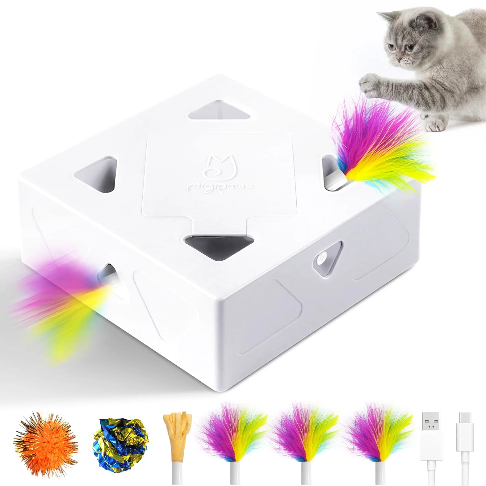 Migipaws Juguete interactivo para gatos blancos con bolsa de tela morada, juego de persecución de ratones alimentado por IA, sensor inteligente, recargable, duradero y divertido de pelota de bricolaje